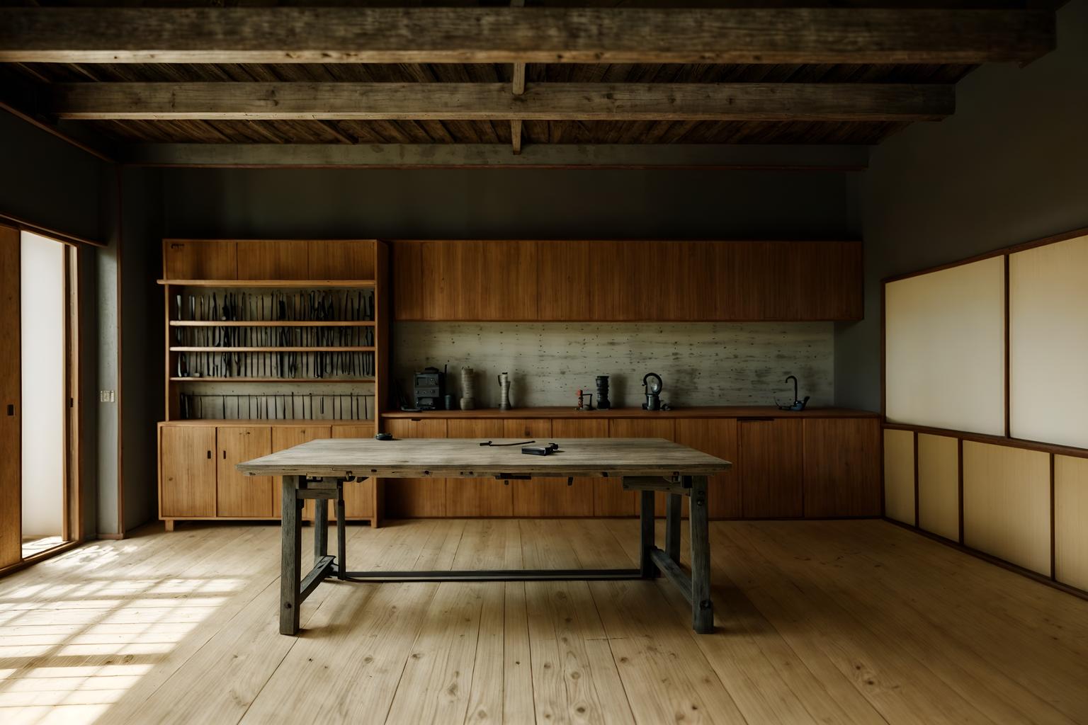 zen-style (workshop interior) with tool wall and wooden workbench and messy and tool wall. . with clean lines and natural light and serenity and harmony and japanese minimalist interior and mimimalist and simplicity and asian zen interior and asian zen interior. . cinematic photo, highly detailed, cinematic lighting, ultra-detailed, ultrarealistic, photorealism, 8k. zen interior design style. masterpiece, cinematic light, ultrarealistic+, photorealistic+, 8k, raw photo, realistic, sharp focus on eyes, (symmetrical eyes), (intact eyes), hyperrealistic, highest quality, best quality, , highly detailed, masterpiece, best quality, extremely detailed 8k wallpaper, masterpiece, best quality, ultra-detailed, best shadow, detailed background, detailed face, detailed eyes, high contrast, best illumination, detailed face, dulux, caustic, dynamic angle, detailed glow. dramatic lighting. highly detailed, insanely detailed hair, symmetrical, intricate details, professionally retouched, 8k high definition. strong bokeh. award winning photo.