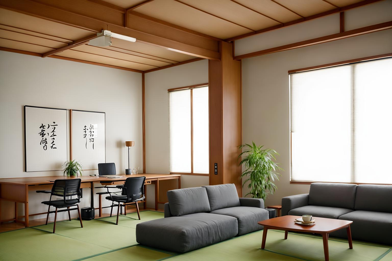 zen-style (coworking space interior) with lounge chairs and office desks and office chairs and seating area with sofa and lounge chairs. . with japanese interior and asian zen interior and calm and neutral colors and asian zen interior and natural light and japanese minimalist interior and clutter free and japanese minimalist interior. . cinematic photo, highly detailed, cinematic lighting, ultra-detailed, ultrarealistic, photorealism, 8k. zen interior design style. masterpiece, cinematic light, ultrarealistic+, photorealistic+, 8k, raw photo, realistic, sharp focus on eyes, (symmetrical eyes), (intact eyes), hyperrealistic, highest quality, best quality, , highly detailed, masterpiece, best quality, extremely detailed 8k wallpaper, masterpiece, best quality, ultra-detailed, best shadow, detailed background, detailed face, detailed eyes, high contrast, best illumination, detailed face, dulux, caustic, dynamic angle, detailed glow. dramatic lighting. highly detailed, insanely detailed hair, symmetrical, intricate details, professionally retouched, 8k high definition. strong bokeh. award winning photo.