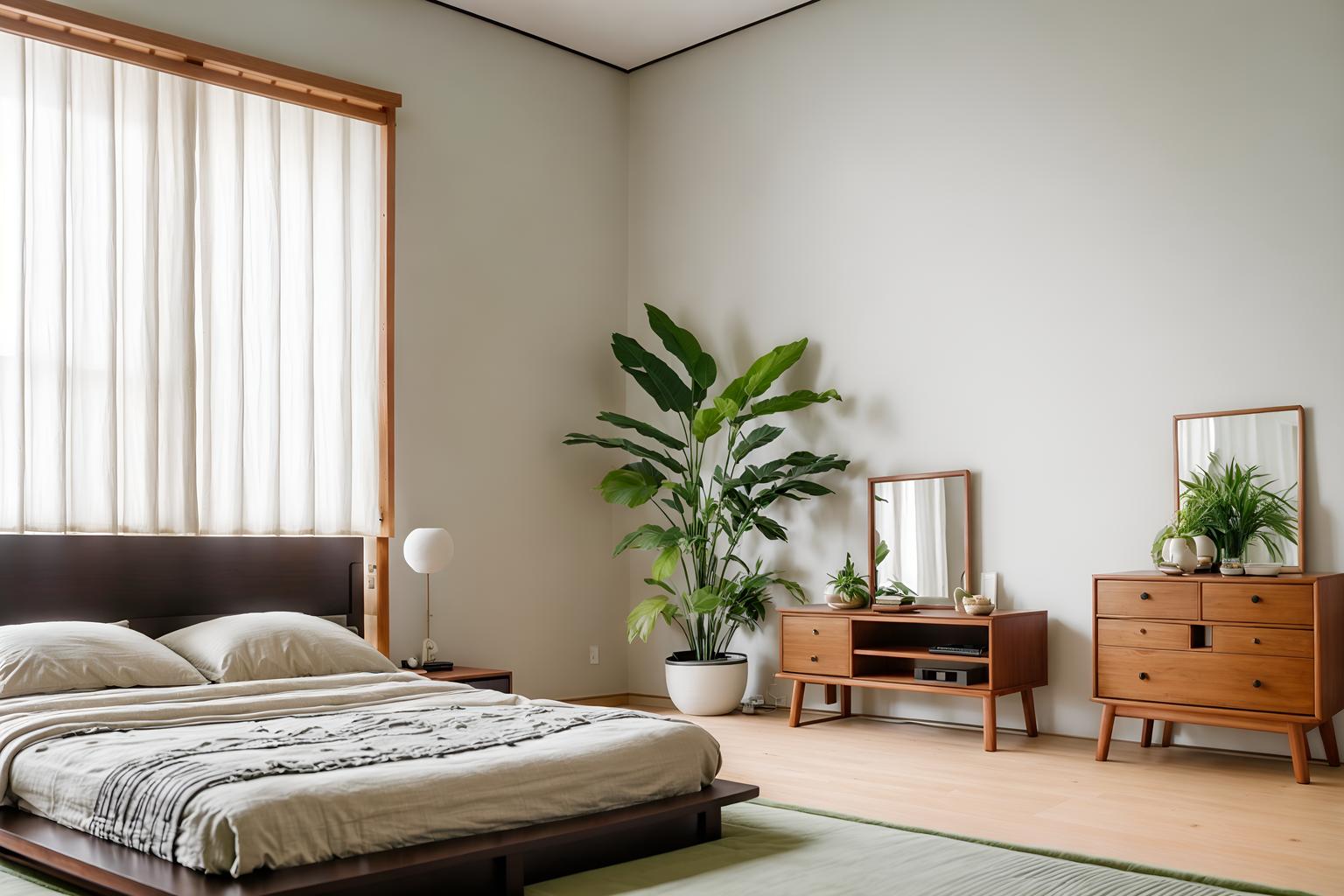 zen-style (bedroom interior) with accent chair and dresser closet and bedside table or night stand and bed and plant and storage bench or ottoman and headboard and mirror. . with asian interior and natural light and japanese minimalist interior and japanese minimalist interior and mimimalist and japanese interior and simplicity and calm and neutral colors. . cinematic photo, highly detailed, cinematic lighting, ultra-detailed, ultrarealistic, photorealism, 8k. zen interior design style. masterpiece, cinematic light, ultrarealistic+, photorealistic+, 8k, raw photo, realistic, sharp focus on eyes, (symmetrical eyes), (intact eyes), hyperrealistic, highest quality, best quality, , highly detailed, masterpiece, best quality, extremely detailed 8k wallpaper, masterpiece, best quality, ultra-detailed, best shadow, detailed background, detailed face, detailed eyes, high contrast, best illumination, detailed face, dulux, caustic, dynamic angle, detailed glow. dramatic lighting. highly detailed, insanely detailed hair, symmetrical, intricate details, professionally retouched, 8k high definition. strong bokeh. award winning photo.