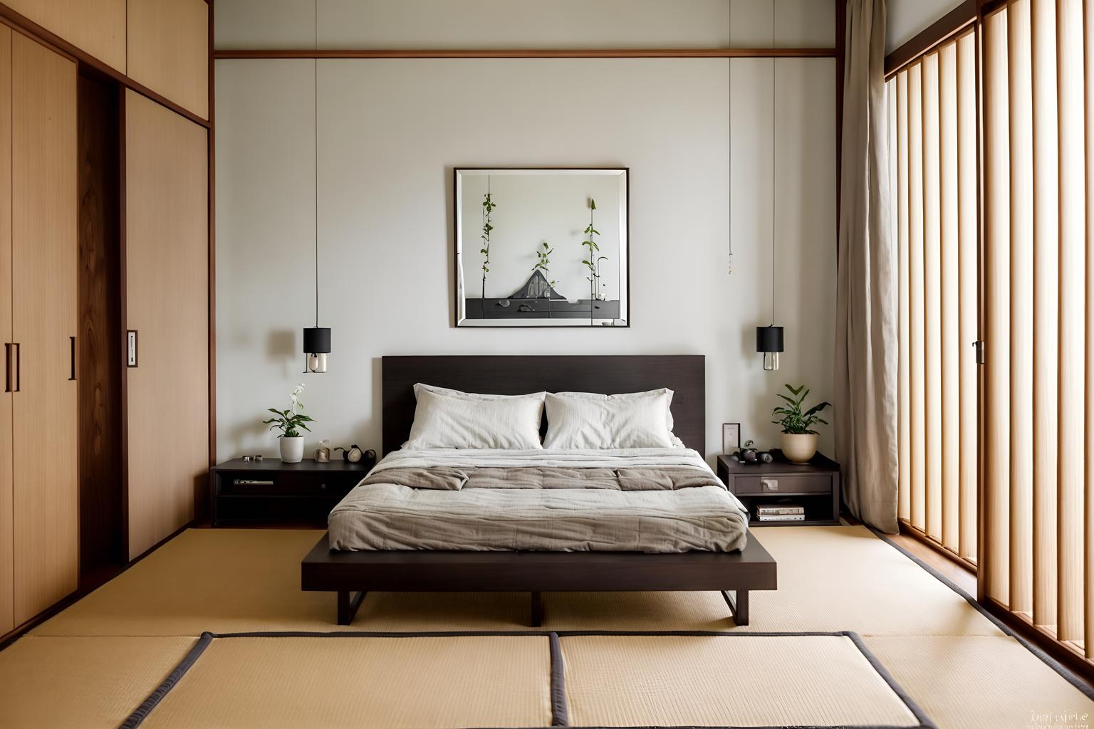 zen-style (bedroom interior) with accent chair and dresser closet and bedside table or night stand and bed and plant and storage bench or ottoman and headboard and mirror. . with asian interior and natural light and japanese minimalist interior and japanese minimalist interior and mimimalist and japanese interior and simplicity and calm and neutral colors. . cinematic photo, highly detailed, cinematic lighting, ultra-detailed, ultrarealistic, photorealism, 8k. zen interior design style. masterpiece, cinematic light, ultrarealistic+, photorealistic+, 8k, raw photo, realistic, sharp focus on eyes, (symmetrical eyes), (intact eyes), hyperrealistic, highest quality, best quality, , highly detailed, masterpiece, best quality, extremely detailed 8k wallpaper, masterpiece, best quality, ultra-detailed, best shadow, detailed background, detailed face, detailed eyes, high contrast, best illumination, detailed face, dulux, caustic, dynamic angle, detailed glow. dramatic lighting. highly detailed, insanely detailed hair, symmetrical, intricate details, professionally retouched, 8k high definition. strong bokeh. award winning photo.