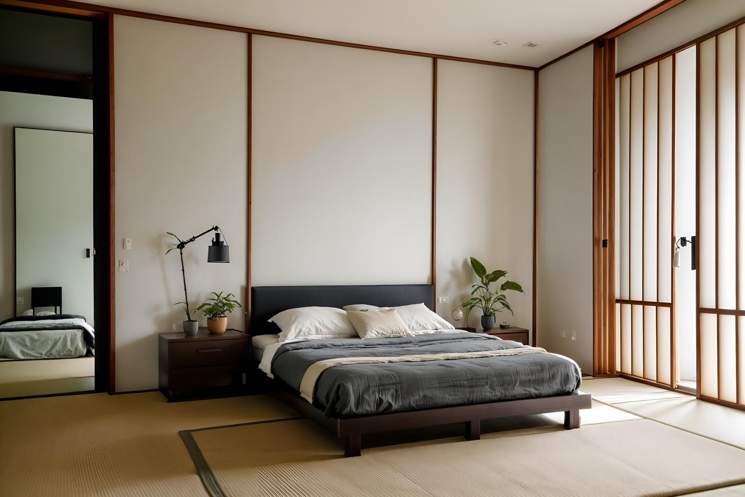 zen-style (bedroom interior) with accent chair and dresser closet and bedside table or night stand and bed and plant and storage bench or ottoman and headboard and mirror. . with asian interior and natural light and japanese minimalist interior and japanese minimalist interior and mimimalist and japanese interior and simplicity and calm and neutral colors. . cinematic photo, highly detailed, cinematic lighting, ultra-detailed, ultrarealistic, photorealism, 8k. zen interior design style. masterpiece, cinematic light, ultrarealistic+, photorealistic+, 8k, raw photo, realistic, sharp focus on eyes, (symmetrical eyes), (intact eyes), hyperrealistic, highest quality, best quality, , highly detailed, masterpiece, best quality, extremely detailed 8k wallpaper, masterpiece, best quality, ultra-detailed, best shadow, detailed background, detailed face, detailed eyes, high contrast, best illumination, detailed face, dulux, caustic, dynamic angle, detailed glow. dramatic lighting. highly detailed, insanely detailed hair, symmetrical, intricate details, professionally retouched, 8k high definition. strong bokeh. award winning photo.