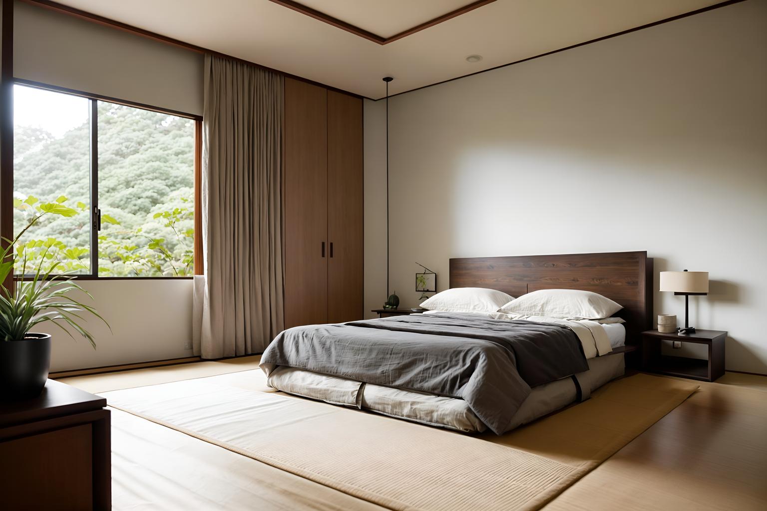 zen-style (bedroom interior) with accent chair and dresser closet and bedside table or night stand and bed and plant and storage bench or ottoman and headboard and mirror. . with asian interior and natural light and japanese minimalist interior and japanese minimalist interior and mimimalist and japanese interior and simplicity and calm and neutral colors. . cinematic photo, highly detailed, cinematic lighting, ultra-detailed, ultrarealistic, photorealism, 8k. zen interior design style. masterpiece, cinematic light, ultrarealistic+, photorealistic+, 8k, raw photo, realistic, sharp focus on eyes, (symmetrical eyes), (intact eyes), hyperrealistic, highest quality, best quality, , highly detailed, masterpiece, best quality, extremely detailed 8k wallpaper, masterpiece, best quality, ultra-detailed, best shadow, detailed background, detailed face, detailed eyes, high contrast, best illumination, detailed face, dulux, caustic, dynamic angle, detailed glow. dramatic lighting. highly detailed, insanely detailed hair, symmetrical, intricate details, professionally retouched, 8k high definition. strong bokeh. award winning photo.