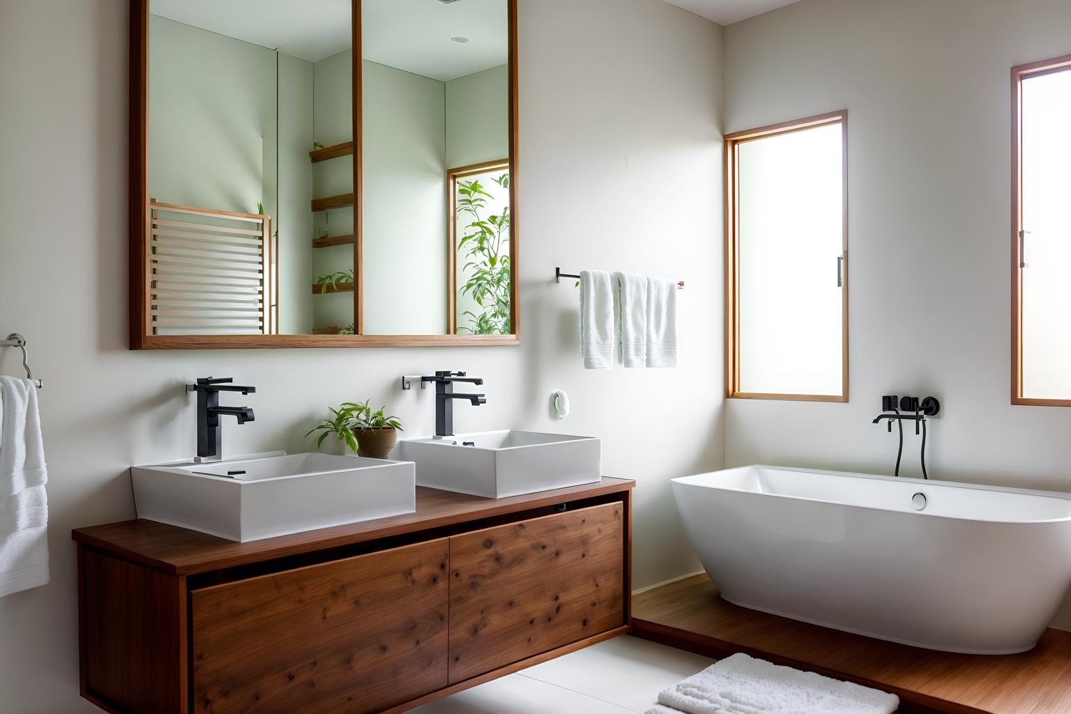 zen-style (bathroom interior) with bath rail and shower and bathroom cabinet and plant and bath towel and waste basket and mirror and bathroom sink with faucet. . with asian zen interior and simple furniture and simplicity and serenity and harmony and asian zen interior and japanese minimalist interior and clutter free and japanese minimalist interior. . cinematic photo, highly detailed, cinematic lighting, ultra-detailed, ultrarealistic, photorealism, 8k. zen interior design style. masterpiece, cinematic light, ultrarealistic+, photorealistic+, 8k, raw photo, realistic, sharp focus on eyes, (symmetrical eyes), (intact eyes), hyperrealistic, highest quality, best quality, , highly detailed, masterpiece, best quality, extremely detailed 8k wallpaper, masterpiece, best quality, ultra-detailed, best shadow, detailed background, detailed face, detailed eyes, high contrast, best illumination, detailed face, dulux, caustic, dynamic angle, detailed glow. dramatic lighting. highly detailed, insanely detailed hair, symmetrical, intricate details, professionally retouched, 8k high definition. strong bokeh. award winning photo.