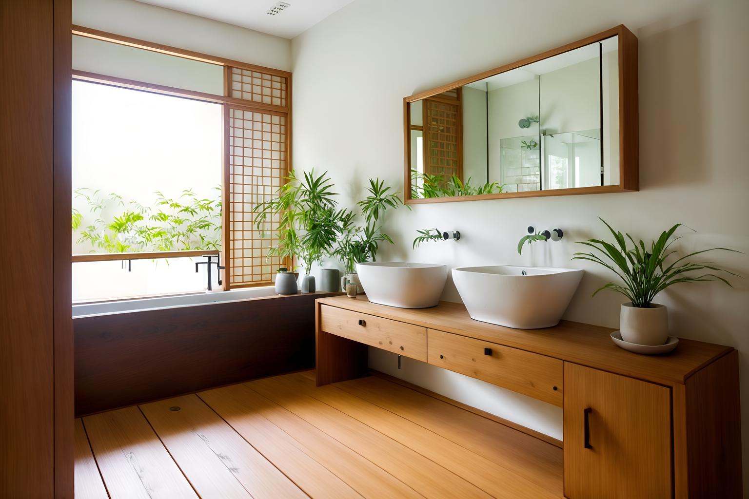 zen-style (bathroom interior) with bath rail and shower and bathroom cabinet and plant and bath towel and waste basket and mirror and bathroom sink with faucet. . with asian zen interior and simple furniture and simplicity and serenity and harmony and asian zen interior and japanese minimalist interior and clutter free and japanese minimalist interior. . cinematic photo, highly detailed, cinematic lighting, ultra-detailed, ultrarealistic, photorealism, 8k. zen interior design style. masterpiece, cinematic light, ultrarealistic+, photorealistic+, 8k, raw photo, realistic, sharp focus on eyes, (symmetrical eyes), (intact eyes), hyperrealistic, highest quality, best quality, , highly detailed, masterpiece, best quality, extremely detailed 8k wallpaper, masterpiece, best quality, ultra-detailed, best shadow, detailed background, detailed face, detailed eyes, high contrast, best illumination, detailed face, dulux, caustic, dynamic angle, detailed glow. dramatic lighting. highly detailed, insanely detailed hair, symmetrical, intricate details, professionally retouched, 8k high definition. strong bokeh. award winning photo.