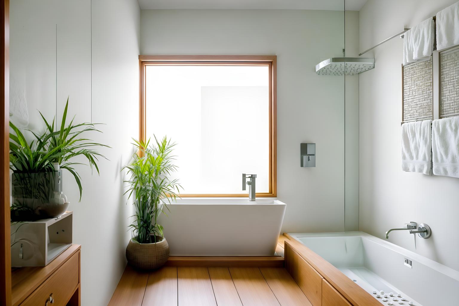 zen-style (bathroom interior) with bath rail and shower and bathroom cabinet and plant and bath towel and waste basket and mirror and bathroom sink with faucet. . with asian zen interior and simple furniture and simplicity and serenity and harmony and asian zen interior and japanese minimalist interior and clutter free and japanese minimalist interior. . cinematic photo, highly detailed, cinematic lighting, ultra-detailed, ultrarealistic, photorealism, 8k. zen interior design style. masterpiece, cinematic light, ultrarealistic+, photorealistic+, 8k, raw photo, realistic, sharp focus on eyes, (symmetrical eyes), (intact eyes), hyperrealistic, highest quality, best quality, , highly detailed, masterpiece, best quality, extremely detailed 8k wallpaper, masterpiece, best quality, ultra-detailed, best shadow, detailed background, detailed face, detailed eyes, high contrast, best illumination, detailed face, dulux, caustic, dynamic angle, detailed glow. dramatic lighting. highly detailed, insanely detailed hair, symmetrical, intricate details, professionally retouched, 8k high definition. strong bokeh. award winning photo.