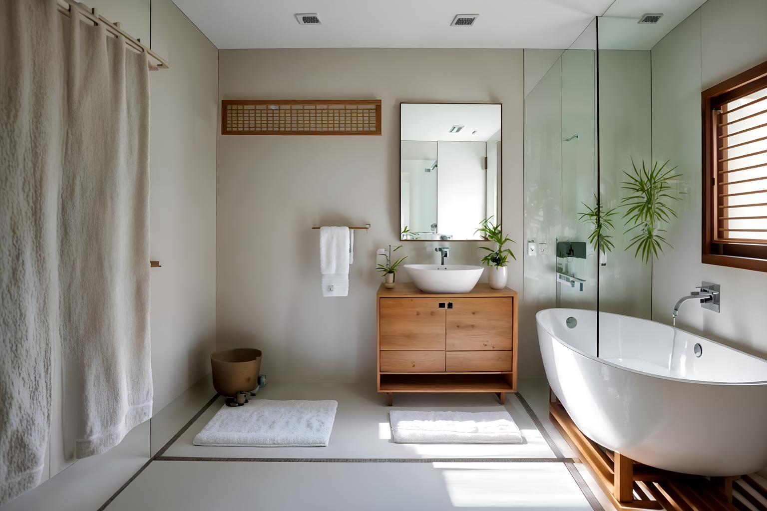 zen-style (bathroom interior) with bath rail and shower and bathroom cabinet and plant and bath towel and waste basket and mirror and bathroom sink with faucet. . with asian zen interior and simple furniture and simplicity and serenity and harmony and asian zen interior and japanese minimalist interior and clutter free and japanese minimalist interior. . cinematic photo, highly detailed, cinematic lighting, ultra-detailed, ultrarealistic, photorealism, 8k. zen interior design style. masterpiece, cinematic light, ultrarealistic+, photorealistic+, 8k, raw photo, realistic, sharp focus on eyes, (symmetrical eyes), (intact eyes), hyperrealistic, highest quality, best quality, , highly detailed, masterpiece, best quality, extremely detailed 8k wallpaper, masterpiece, best quality, ultra-detailed, best shadow, detailed background, detailed face, detailed eyes, high contrast, best illumination, detailed face, dulux, caustic, dynamic angle, detailed glow. dramatic lighting. highly detailed, insanely detailed hair, symmetrical, intricate details, professionally retouched, 8k high definition. strong bokeh. award winning photo.