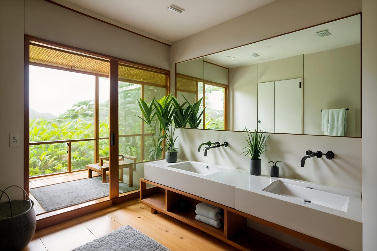 zen-style (bathroom interior) with bath rail and shower and bathroom cabinet and plant and bath towel and waste basket and mirror and bathroom sink with faucet. . with asian zen interior and simple furniture and simplicity and serenity and harmony and asian zen interior and japanese minimalist interior and clutter free and japanese minimalist interior. . cinematic photo, highly detailed, cinematic lighting, ultra-detailed, ultrarealistic, photorealism, 8k. zen interior design style. masterpiece, cinematic light, ultrarealistic+, photorealistic+, 8k, raw photo, realistic, sharp focus on eyes, (symmetrical eyes), (intact eyes), hyperrealistic, highest quality, best quality, , highly detailed, masterpiece, best quality, extremely detailed 8k wallpaper, masterpiece, best quality, ultra-detailed, best shadow, detailed background, detailed face, detailed eyes, high contrast, best illumination, detailed face, dulux, caustic, dynamic angle, detailed glow. dramatic lighting. highly detailed, insanely detailed hair, symmetrical, intricate details, professionally retouched, 8k high definition. strong bokeh. award winning photo.