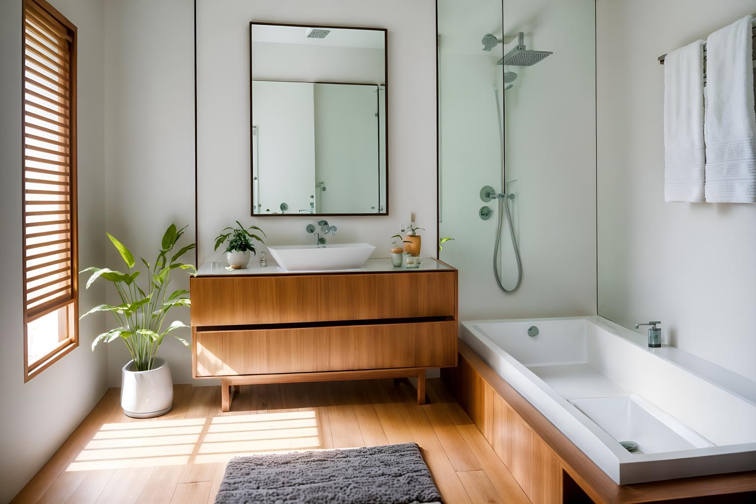 zen-style (bathroom interior) with bath rail and shower and bathroom cabinet and plant and bath towel and waste basket and mirror and bathroom sink with faucet. . with asian zen interior and simple furniture and simplicity and serenity and harmony and asian zen interior and japanese minimalist interior and clutter free and japanese minimalist interior. . cinematic photo, highly detailed, cinematic lighting, ultra-detailed, ultrarealistic, photorealism, 8k. zen interior design style. masterpiece, cinematic light, ultrarealistic+, photorealistic+, 8k, raw photo, realistic, sharp focus on eyes, (symmetrical eyes), (intact eyes), hyperrealistic, highest quality, best quality, , highly detailed, masterpiece, best quality, extremely detailed 8k wallpaper, masterpiece, best quality, ultra-detailed, best shadow, detailed background, detailed face, detailed eyes, high contrast, best illumination, detailed face, dulux, caustic, dynamic angle, detailed glow. dramatic lighting. highly detailed, insanely detailed hair, symmetrical, intricate details, professionally retouched, 8k high definition. strong bokeh. award winning photo.