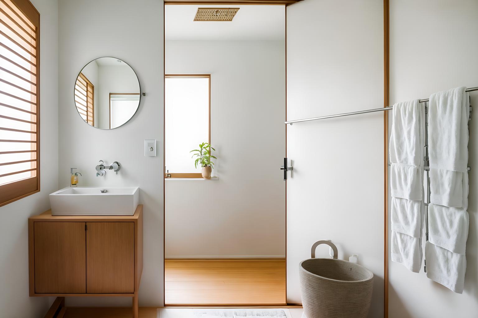 zen-style (bathroom interior) with bath rail and shower and bathroom cabinet and plant and bath towel and waste basket and mirror and bathroom sink with faucet. . with asian zen interior and simple furniture and simplicity and serenity and harmony and asian zen interior and japanese minimalist interior and clutter free and japanese minimalist interior. . cinematic photo, highly detailed, cinematic lighting, ultra-detailed, ultrarealistic, photorealism, 8k. zen interior design style. masterpiece, cinematic light, ultrarealistic+, photorealistic+, 8k, raw photo, realistic, sharp focus on eyes, (symmetrical eyes), (intact eyes), hyperrealistic, highest quality, best quality, , highly detailed, masterpiece, best quality, extremely detailed 8k wallpaper, masterpiece, best quality, ultra-detailed, best shadow, detailed background, detailed face, detailed eyes, high contrast, best illumination, detailed face, dulux, caustic, dynamic angle, detailed glow. dramatic lighting. highly detailed, insanely detailed hair, symmetrical, intricate details, professionally retouched, 8k high definition. strong bokeh. award winning photo.