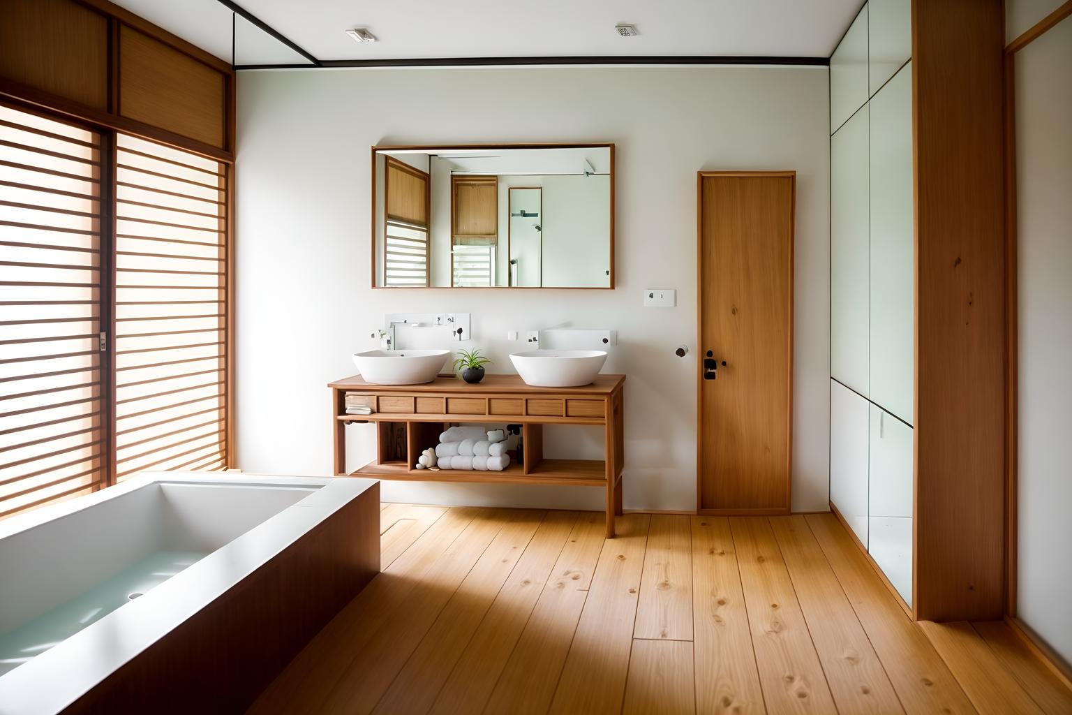 zen-style (bathroom interior) with bath rail and shower and bathroom cabinet and plant and bath towel and waste basket and mirror and bathroom sink with faucet. . with asian zen interior and simple furniture and simplicity and serenity and harmony and asian zen interior and japanese minimalist interior and clutter free and japanese minimalist interior. . cinematic photo, highly detailed, cinematic lighting, ultra-detailed, ultrarealistic, photorealism, 8k. zen interior design style. masterpiece, cinematic light, ultrarealistic+, photorealistic+, 8k, raw photo, realistic, sharp focus on eyes, (symmetrical eyes), (intact eyes), hyperrealistic, highest quality, best quality, , highly detailed, masterpiece, best quality, extremely detailed 8k wallpaper, masterpiece, best quality, ultra-detailed, best shadow, detailed background, detailed face, detailed eyes, high contrast, best illumination, detailed face, dulux, caustic, dynamic angle, detailed glow. dramatic lighting. highly detailed, insanely detailed hair, symmetrical, intricate details, professionally retouched, 8k high definition. strong bokeh. award winning photo.