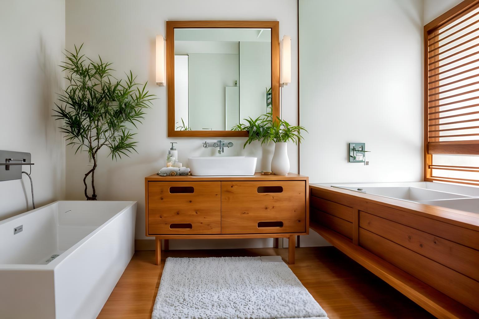 zen-style (bathroom interior) with bath rail and shower and bathroom cabinet and plant and bath towel and waste basket and mirror and bathroom sink with faucet. . with asian zen interior and simple furniture and simplicity and serenity and harmony and asian zen interior and japanese minimalist interior and clutter free and japanese minimalist interior. . cinematic photo, highly detailed, cinematic lighting, ultra-detailed, ultrarealistic, photorealism, 8k. zen interior design style. masterpiece, cinematic light, ultrarealistic+, photorealistic+, 8k, raw photo, realistic, sharp focus on eyes, (symmetrical eyes), (intact eyes), hyperrealistic, highest quality, best quality, , highly detailed, masterpiece, best quality, extremely detailed 8k wallpaper, masterpiece, best quality, ultra-detailed, best shadow, detailed background, detailed face, detailed eyes, high contrast, best illumination, detailed face, dulux, caustic, dynamic angle, detailed glow. dramatic lighting. highly detailed, insanely detailed hair, symmetrical, intricate details, professionally retouched, 8k high definition. strong bokeh. award winning photo.