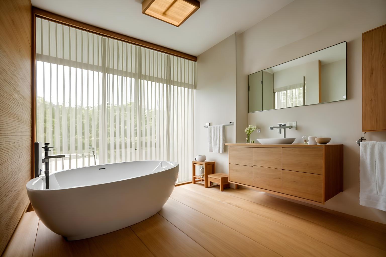 zen-style (hotel bathroom interior) with toilet seat and bath towel and mirror and bathroom cabinet and bathtub and bathroom sink with faucet and waste basket and shower. . with simplicity and serenity and harmony and simple furniture and natural textures and clean lines and japanese minimalist interior and mimimalist and asian zen interior. . cinematic photo, highly detailed, cinematic lighting, ultra-detailed, ultrarealistic, photorealism, 8k. zen interior design style. masterpiece, cinematic light, ultrarealistic+, photorealistic+, 8k, raw photo, realistic, sharp focus on eyes, (symmetrical eyes), (intact eyes), hyperrealistic, highest quality, best quality, , highly detailed, masterpiece, best quality, extremely detailed 8k wallpaper, masterpiece, best quality, ultra-detailed, best shadow, detailed background, detailed face, detailed eyes, high contrast, best illumination, detailed face, dulux, caustic, dynamic angle, detailed glow. dramatic lighting. highly detailed, insanely detailed hair, symmetrical, intricate details, professionally retouched, 8k high definition. strong bokeh. award winning photo.