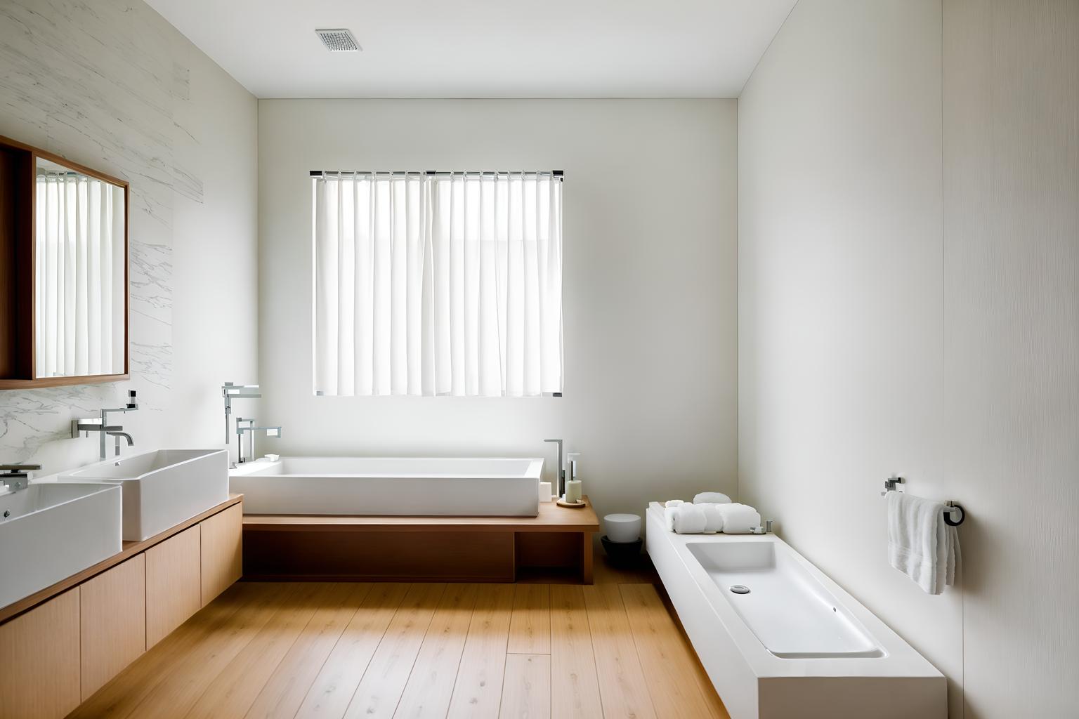 zen-style (hotel bathroom interior) with toilet seat and bath towel and mirror and bathroom cabinet and bathtub and bathroom sink with faucet and waste basket and shower. . with simplicity and serenity and harmony and simple furniture and natural textures and clean lines and japanese minimalist interior and mimimalist and asian zen interior. . cinematic photo, highly detailed, cinematic lighting, ultra-detailed, ultrarealistic, photorealism, 8k. zen interior design style. masterpiece, cinematic light, ultrarealistic+, photorealistic+, 8k, raw photo, realistic, sharp focus on eyes, (symmetrical eyes), (intact eyes), hyperrealistic, highest quality, best quality, , highly detailed, masterpiece, best quality, extremely detailed 8k wallpaper, masterpiece, best quality, ultra-detailed, best shadow, detailed background, detailed face, detailed eyes, high contrast, best illumination, detailed face, dulux, caustic, dynamic angle, detailed glow. dramatic lighting. highly detailed, insanely detailed hair, symmetrical, intricate details, professionally retouched, 8k high definition. strong bokeh. award winning photo.