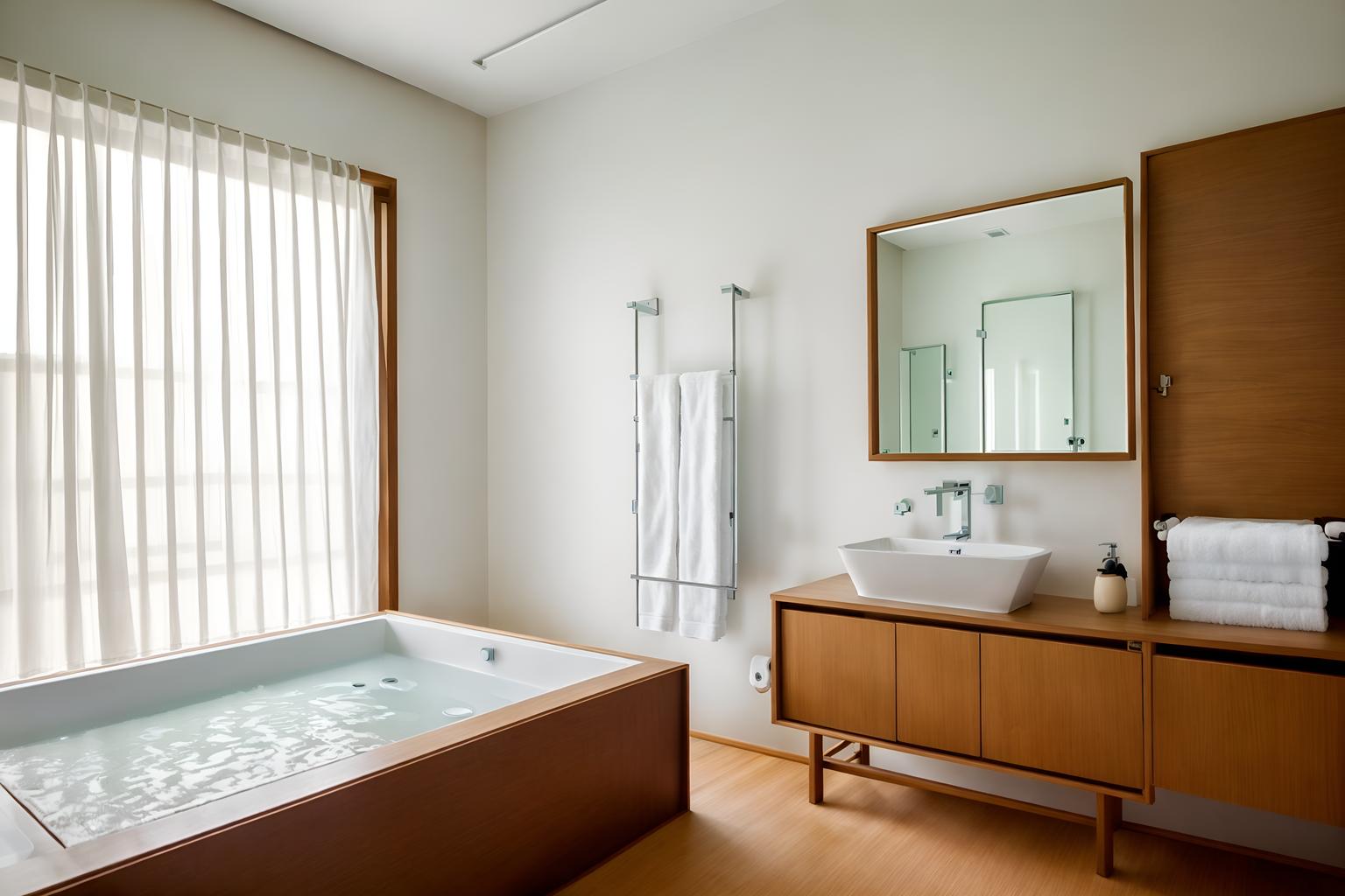 zen-style (hotel bathroom interior) with toilet seat and bath towel and mirror and bathroom cabinet and bathtub and bathroom sink with faucet and waste basket and shower. . with simplicity and serenity and harmony and simple furniture and natural textures and clean lines and japanese minimalist interior and mimimalist and asian zen interior. . cinematic photo, highly detailed, cinematic lighting, ultra-detailed, ultrarealistic, photorealism, 8k. zen interior design style. masterpiece, cinematic light, ultrarealistic+, photorealistic+, 8k, raw photo, realistic, sharp focus on eyes, (symmetrical eyes), (intact eyes), hyperrealistic, highest quality, best quality, , highly detailed, masterpiece, best quality, extremely detailed 8k wallpaper, masterpiece, best quality, ultra-detailed, best shadow, detailed background, detailed face, detailed eyes, high contrast, best illumination, detailed face, dulux, caustic, dynamic angle, detailed glow. dramatic lighting. highly detailed, insanely detailed hair, symmetrical, intricate details, professionally retouched, 8k high definition. strong bokeh. award winning photo.