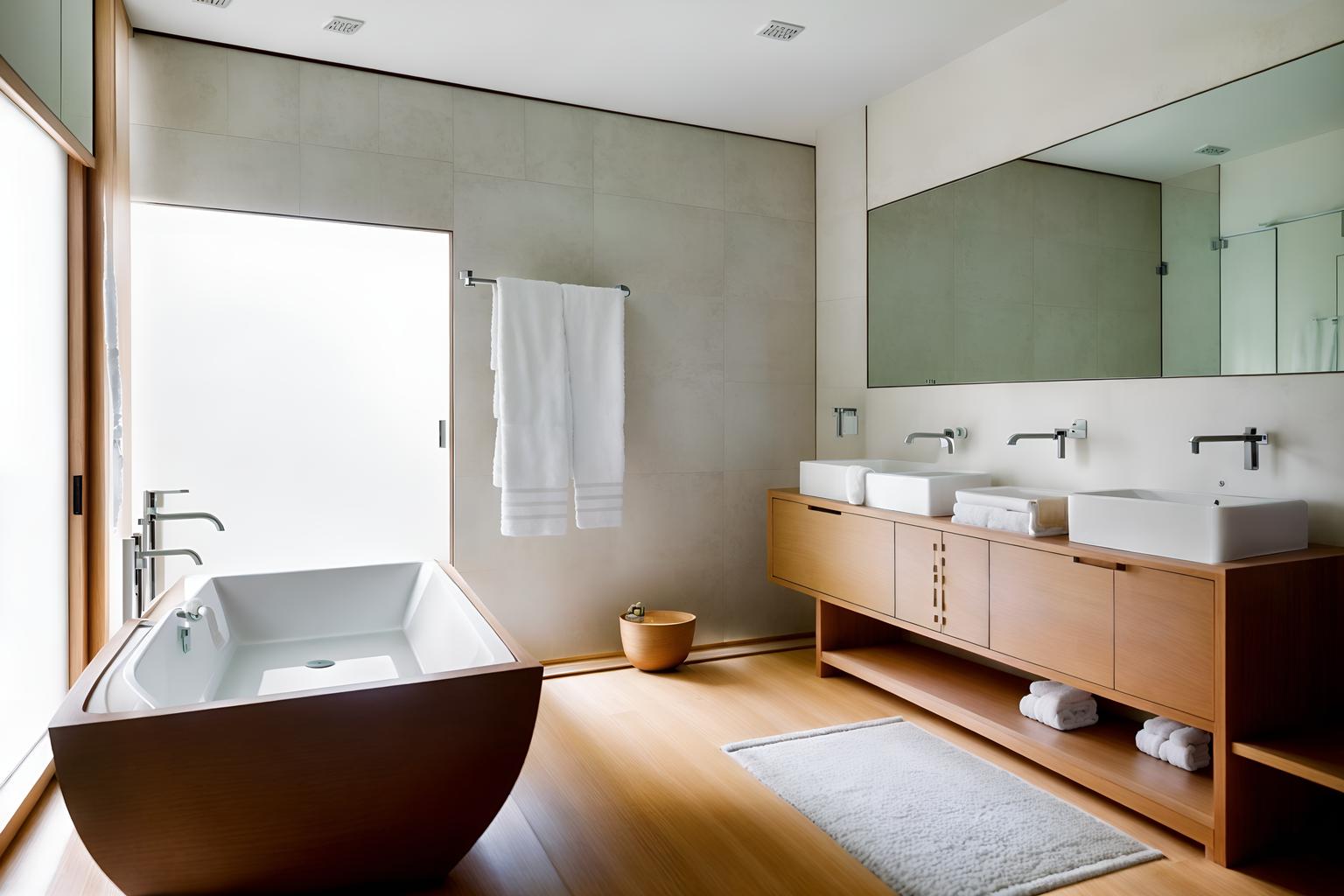 zen-style (hotel bathroom interior) with toilet seat and bath towel and mirror and bathroom cabinet and bathtub and bathroom sink with faucet and waste basket and shower. . with simplicity and serenity and harmony and simple furniture and natural textures and clean lines and japanese minimalist interior and mimimalist and asian zen interior. . cinematic photo, highly detailed, cinematic lighting, ultra-detailed, ultrarealistic, photorealism, 8k. zen interior design style. masterpiece, cinematic light, ultrarealistic+, photorealistic+, 8k, raw photo, realistic, sharp focus on eyes, (symmetrical eyes), (intact eyes), hyperrealistic, highest quality, best quality, , highly detailed, masterpiece, best quality, extremely detailed 8k wallpaper, masterpiece, best quality, ultra-detailed, best shadow, detailed background, detailed face, detailed eyes, high contrast, best illumination, detailed face, dulux, caustic, dynamic angle, detailed glow. dramatic lighting. highly detailed, insanely detailed hair, symmetrical, intricate details, professionally retouched, 8k high definition. strong bokeh. award winning photo.