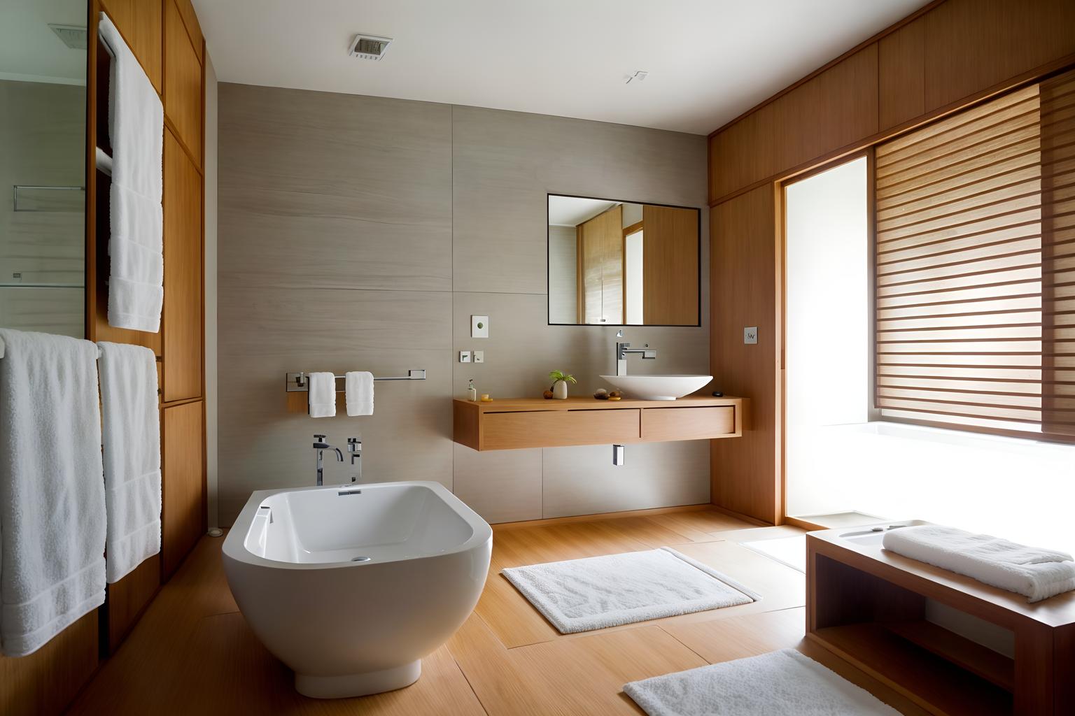 zen-style (hotel bathroom interior) with toilet seat and bath towel and mirror and bathroom cabinet and bathtub and bathroom sink with faucet and waste basket and shower. . with simplicity and serenity and harmony and simple furniture and natural textures and clean lines and japanese minimalist interior and mimimalist and asian zen interior. . cinematic photo, highly detailed, cinematic lighting, ultra-detailed, ultrarealistic, photorealism, 8k. zen interior design style. masterpiece, cinematic light, ultrarealistic+, photorealistic+, 8k, raw photo, realistic, sharp focus on eyes, (symmetrical eyes), (intact eyes), hyperrealistic, highest quality, best quality, , highly detailed, masterpiece, best quality, extremely detailed 8k wallpaper, masterpiece, best quality, ultra-detailed, best shadow, detailed background, detailed face, detailed eyes, high contrast, best illumination, detailed face, dulux, caustic, dynamic angle, detailed glow. dramatic lighting. highly detailed, insanely detailed hair, symmetrical, intricate details, professionally retouched, 8k high definition. strong bokeh. award winning photo.