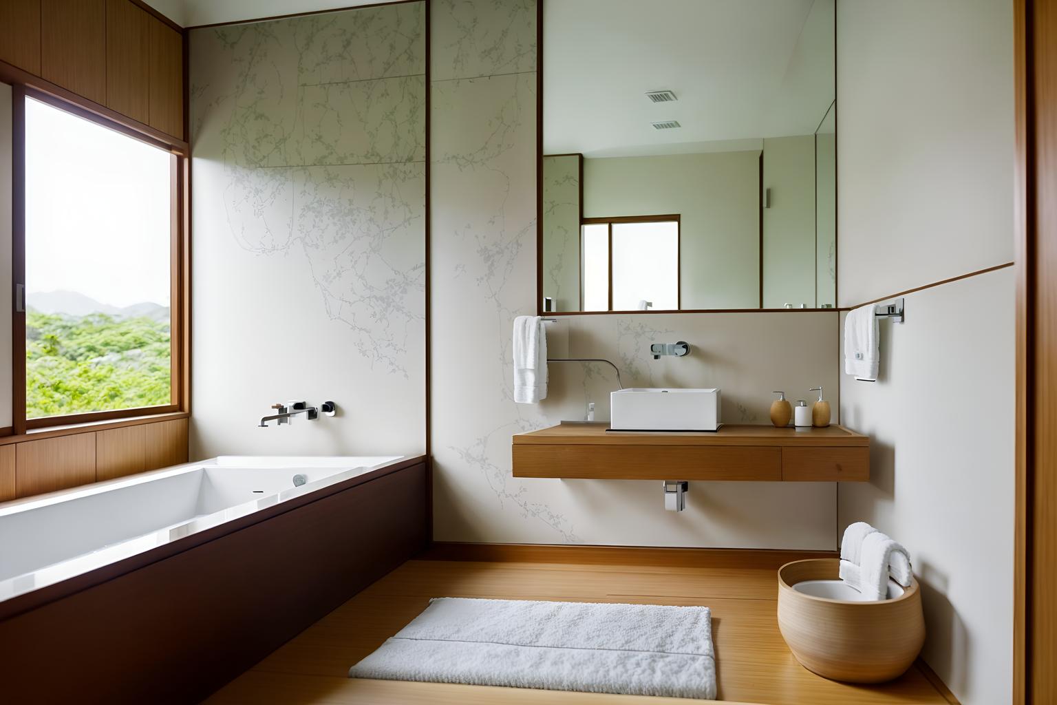 zen-style (hotel bathroom interior) with toilet seat and bath towel and mirror and bathroom cabinet and bathtub and bathroom sink with faucet and waste basket and shower. . with simplicity and serenity and harmony and simple furniture and natural textures and clean lines and japanese minimalist interior and mimimalist and asian zen interior. . cinematic photo, highly detailed, cinematic lighting, ultra-detailed, ultrarealistic, photorealism, 8k. zen interior design style. masterpiece, cinematic light, ultrarealistic+, photorealistic+, 8k, raw photo, realistic, sharp focus on eyes, (symmetrical eyes), (intact eyes), hyperrealistic, highest quality, best quality, , highly detailed, masterpiece, best quality, extremely detailed 8k wallpaper, masterpiece, best quality, ultra-detailed, best shadow, detailed background, detailed face, detailed eyes, high contrast, best illumination, detailed face, dulux, caustic, dynamic angle, detailed glow. dramatic lighting. highly detailed, insanely detailed hair, symmetrical, intricate details, professionally retouched, 8k high definition. strong bokeh. award winning photo.