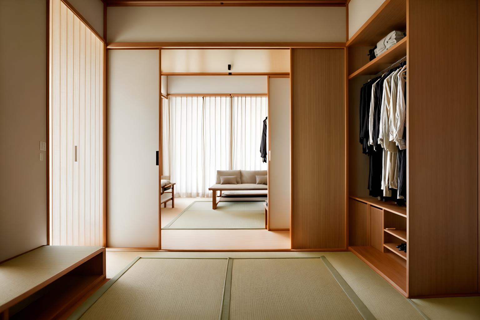 zen-style (walk in closet interior) . with calm and neutral colors and japanese minimalist interior and simple furniture and japanese interior and clutter free and asian zen interior and serenity and harmony and japanese minimalist interior. . cinematic photo, highly detailed, cinematic lighting, ultra-detailed, ultrarealistic, photorealism, 8k. zen interior design style. masterpiece, cinematic light, ultrarealistic+, photorealistic+, 8k, raw photo, realistic, sharp focus on eyes, (symmetrical eyes), (intact eyes), hyperrealistic, highest quality, best quality, , highly detailed, masterpiece, best quality, extremely detailed 8k wallpaper, masterpiece, best quality, ultra-detailed, best shadow, detailed background, detailed face, detailed eyes, high contrast, best illumination, detailed face, dulux, caustic, dynamic angle, detailed glow. dramatic lighting. highly detailed, insanely detailed hair, symmetrical, intricate details, professionally retouched, 8k high definition. strong bokeh. award winning photo.