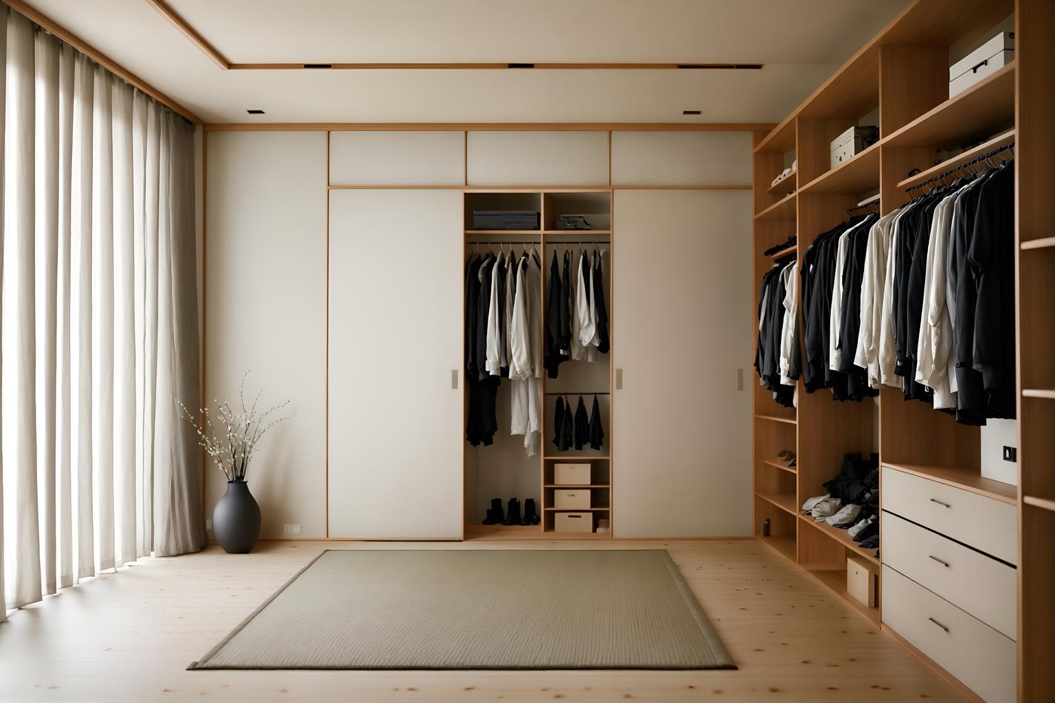 zen-style (walk in closet interior) . with calm and neutral colors and japanese minimalist interior and simple furniture and japanese interior and clutter free and asian zen interior and serenity and harmony and japanese minimalist interior. . cinematic photo, highly detailed, cinematic lighting, ultra-detailed, ultrarealistic, photorealism, 8k. zen interior design style. masterpiece, cinematic light, ultrarealistic+, photorealistic+, 8k, raw photo, realistic, sharp focus on eyes, (symmetrical eyes), (intact eyes), hyperrealistic, highest quality, best quality, , highly detailed, masterpiece, best quality, extremely detailed 8k wallpaper, masterpiece, best quality, ultra-detailed, best shadow, detailed background, detailed face, detailed eyes, high contrast, best illumination, detailed face, dulux, caustic, dynamic angle, detailed glow. dramatic lighting. highly detailed, insanely detailed hair, symmetrical, intricate details, professionally retouched, 8k high definition. strong bokeh. award winning photo.