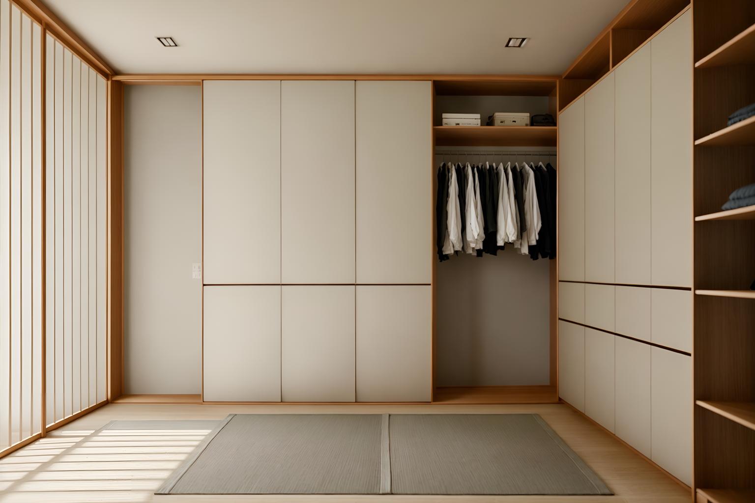 zen-style (walk in closet interior) . with calm and neutral colors and japanese minimalist interior and simple furniture and japanese interior and clutter free and asian zen interior and serenity and harmony and japanese minimalist interior. . cinematic photo, highly detailed, cinematic lighting, ultra-detailed, ultrarealistic, photorealism, 8k. zen interior design style. masterpiece, cinematic light, ultrarealistic+, photorealistic+, 8k, raw photo, realistic, sharp focus on eyes, (symmetrical eyes), (intact eyes), hyperrealistic, highest quality, best quality, , highly detailed, masterpiece, best quality, extremely detailed 8k wallpaper, masterpiece, best quality, ultra-detailed, best shadow, detailed background, detailed face, detailed eyes, high contrast, best illumination, detailed face, dulux, caustic, dynamic angle, detailed glow. dramatic lighting. highly detailed, insanely detailed hair, symmetrical, intricate details, professionally retouched, 8k high definition. strong bokeh. award winning photo.