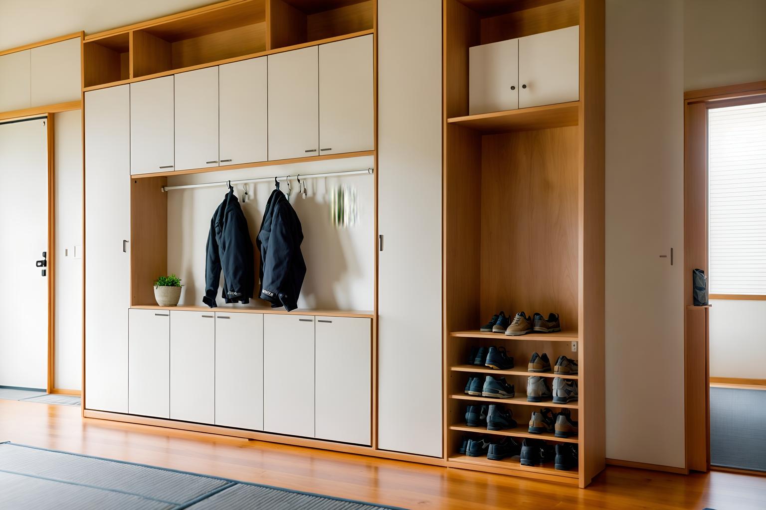 zen-style (drop zone interior) with storage baskets and shelves for shoes and cabinets and lockers and wall hooks for coats and storage drawers and cubbies and high up storage. . with japanese minimalist interior and japanese minimalist interior and simplicity and clean lines and natural light and serenity and harmony and asian zen interior and asian interior. . cinematic photo, highly detailed, cinematic lighting, ultra-detailed, ultrarealistic, photorealism, 8k. zen interior design style. masterpiece, cinematic light, ultrarealistic+, photorealistic+, 8k, raw photo, realistic, sharp focus on eyes, (symmetrical eyes), (intact eyes), hyperrealistic, highest quality, best quality, , highly detailed, masterpiece, best quality, extremely detailed 8k wallpaper, masterpiece, best quality, ultra-detailed, best shadow, detailed background, detailed face, detailed eyes, high contrast, best illumination, detailed face, dulux, caustic, dynamic angle, detailed glow. dramatic lighting. highly detailed, insanely detailed hair, symmetrical, intricate details, professionally retouched, 8k high definition. strong bokeh. award winning photo.