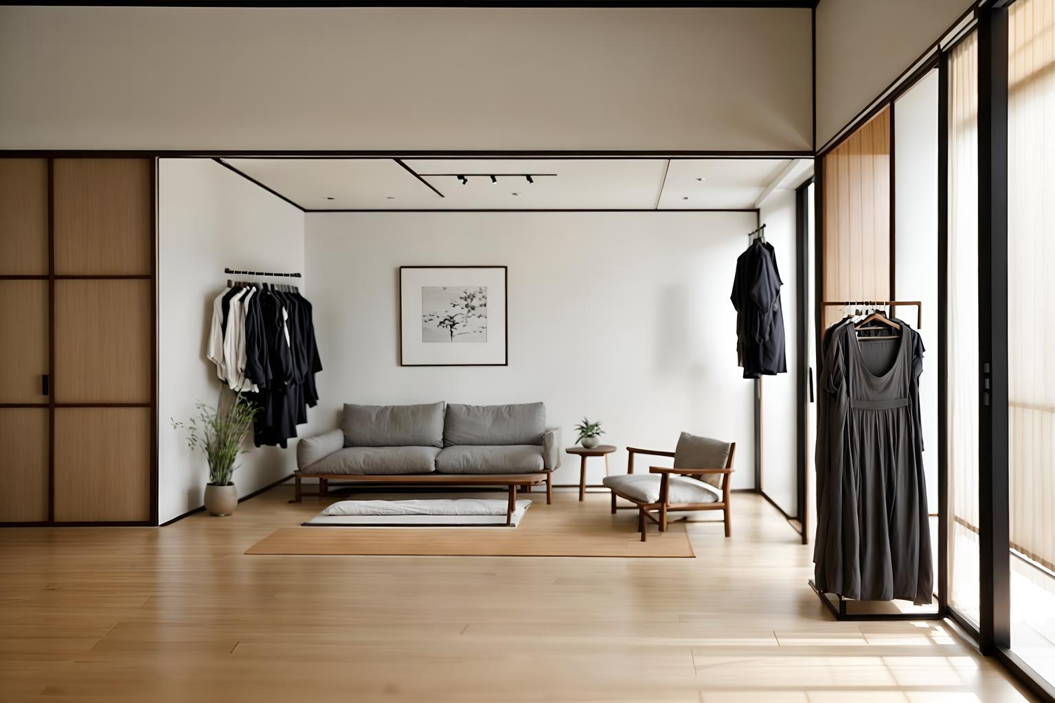 zen-style (clothing store interior) . with clean lines and natural light and asian interior and japanese interior and clutter free and japanese minimalist interior and japanese minimalist interior and calm and neutral colors. . cinematic photo, highly detailed, cinematic lighting, ultra-detailed, ultrarealistic, photorealism, 8k. zen interior design style. masterpiece, cinematic light, ultrarealistic+, photorealistic+, 8k, raw photo, realistic, sharp focus on eyes, (symmetrical eyes), (intact eyes), hyperrealistic, highest quality, best quality, , highly detailed, masterpiece, best quality, extremely detailed 8k wallpaper, masterpiece, best quality, ultra-detailed, best shadow, detailed background, detailed face, detailed eyes, high contrast, best illumination, detailed face, dulux, caustic, dynamic angle, detailed glow. dramatic lighting. highly detailed, insanely detailed hair, symmetrical, intricate details, professionally retouched, 8k high definition. strong bokeh. award winning photo.