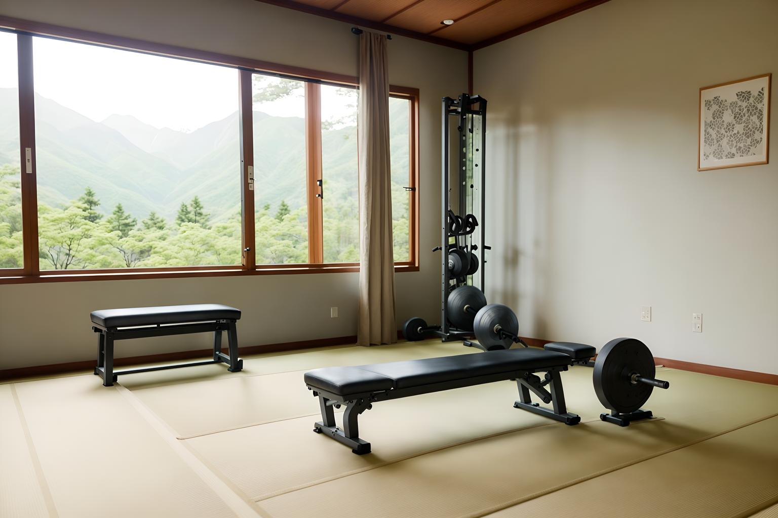 zen-style (fitness gym interior) with crosstrainer and bench press and dumbbell stand and exercise bicycle and squat rack and crosstrainer. . with serenity and harmony and calm and neutral colors and japanese interior and natural light and japanese minimalist interior and simple furniture and asian zen interior and asian interior. . cinematic photo, highly detailed, cinematic lighting, ultra-detailed, ultrarealistic, photorealism, 8k. zen interior design style. masterpiece, cinematic light, ultrarealistic+, photorealistic+, 8k, raw photo, realistic, sharp focus on eyes, (symmetrical eyes), (intact eyes), hyperrealistic, highest quality, best quality, , highly detailed, masterpiece, best quality, extremely detailed 8k wallpaper, masterpiece, best quality, ultra-detailed, best shadow, detailed background, detailed face, detailed eyes, high contrast, best illumination, detailed face, dulux, caustic, dynamic angle, detailed glow. dramatic lighting. highly detailed, insanely detailed hair, symmetrical, intricate details, professionally retouched, 8k high definition. strong bokeh. award winning photo.