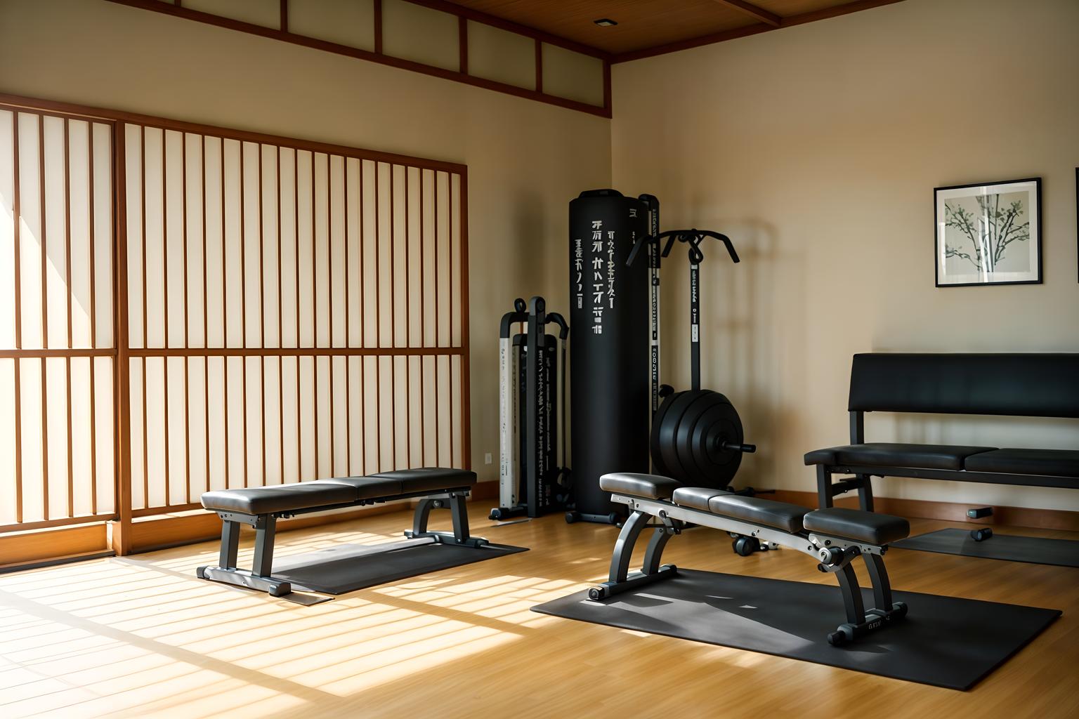 zen-style (fitness gym interior) with crosstrainer and bench press and dumbbell stand and exercise bicycle and squat rack and crosstrainer. . with serenity and harmony and calm and neutral colors and japanese interior and natural light and japanese minimalist interior and simple furniture and asian zen interior and asian interior. . cinematic photo, highly detailed, cinematic lighting, ultra-detailed, ultrarealistic, photorealism, 8k. zen interior design style. masterpiece, cinematic light, ultrarealistic+, photorealistic+, 8k, raw photo, realistic, sharp focus on eyes, (symmetrical eyes), (intact eyes), hyperrealistic, highest quality, best quality, , highly detailed, masterpiece, best quality, extremely detailed 8k wallpaper, masterpiece, best quality, ultra-detailed, best shadow, detailed background, detailed face, detailed eyes, high contrast, best illumination, detailed face, dulux, caustic, dynamic angle, detailed glow. dramatic lighting. highly detailed, insanely detailed hair, symmetrical, intricate details, professionally retouched, 8k high definition. strong bokeh. award winning photo.