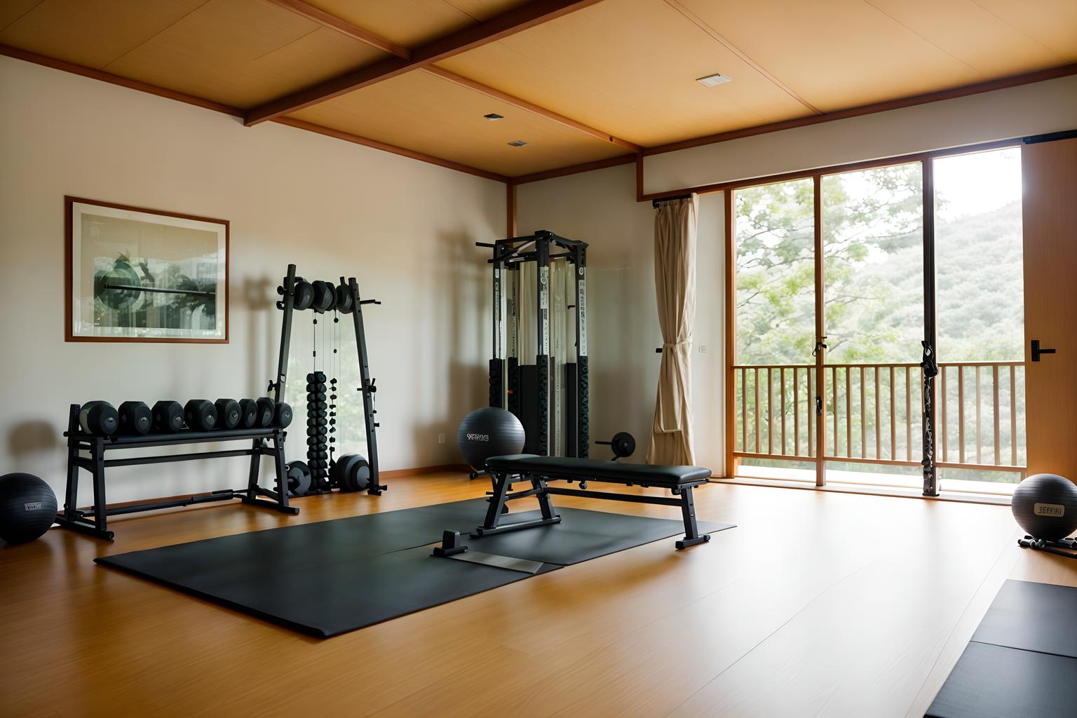 zen-style (fitness gym interior) with crosstrainer and bench press and dumbbell stand and exercise bicycle and squat rack and crosstrainer. . with serenity and harmony and calm and neutral colors and japanese interior and natural light and japanese minimalist interior and simple furniture and asian zen interior and asian interior. . cinematic photo, highly detailed, cinematic lighting, ultra-detailed, ultrarealistic, photorealism, 8k. zen interior design style. masterpiece, cinematic light, ultrarealistic+, photorealistic+, 8k, raw photo, realistic, sharp focus on eyes, (symmetrical eyes), (intact eyes), hyperrealistic, highest quality, best quality, , highly detailed, masterpiece, best quality, extremely detailed 8k wallpaper, masterpiece, best quality, ultra-detailed, best shadow, detailed background, detailed face, detailed eyes, high contrast, best illumination, detailed face, dulux, caustic, dynamic angle, detailed glow. dramatic lighting. highly detailed, insanely detailed hair, symmetrical, intricate details, professionally retouched, 8k high definition. strong bokeh. award winning photo.