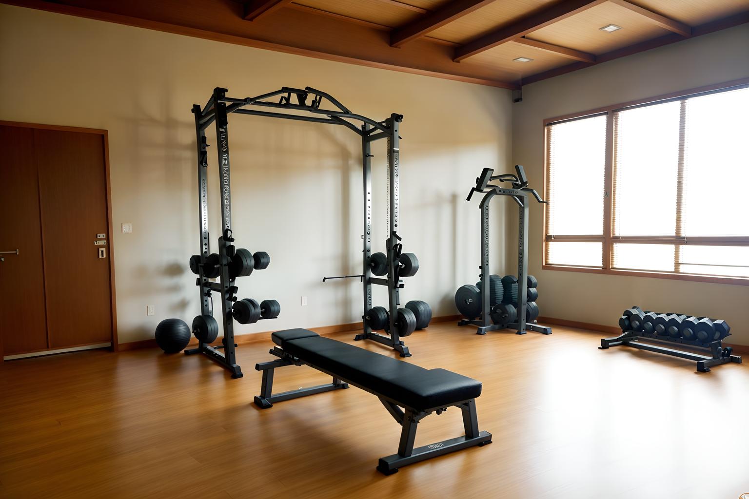 zen-style (fitness gym interior) with crosstrainer and bench press and dumbbell stand and exercise bicycle and squat rack and crosstrainer. . with serenity and harmony and calm and neutral colors and japanese interior and natural light and japanese minimalist interior and simple furniture and asian zen interior and asian interior. . cinematic photo, highly detailed, cinematic lighting, ultra-detailed, ultrarealistic, photorealism, 8k. zen interior design style. masterpiece, cinematic light, ultrarealistic+, photorealistic+, 8k, raw photo, realistic, sharp focus on eyes, (symmetrical eyes), (intact eyes), hyperrealistic, highest quality, best quality, , highly detailed, masterpiece, best quality, extremely detailed 8k wallpaper, masterpiece, best quality, ultra-detailed, best shadow, detailed background, detailed face, detailed eyes, high contrast, best illumination, detailed face, dulux, caustic, dynamic angle, detailed glow. dramatic lighting. highly detailed, insanely detailed hair, symmetrical, intricate details, professionally retouched, 8k high definition. strong bokeh. award winning photo.