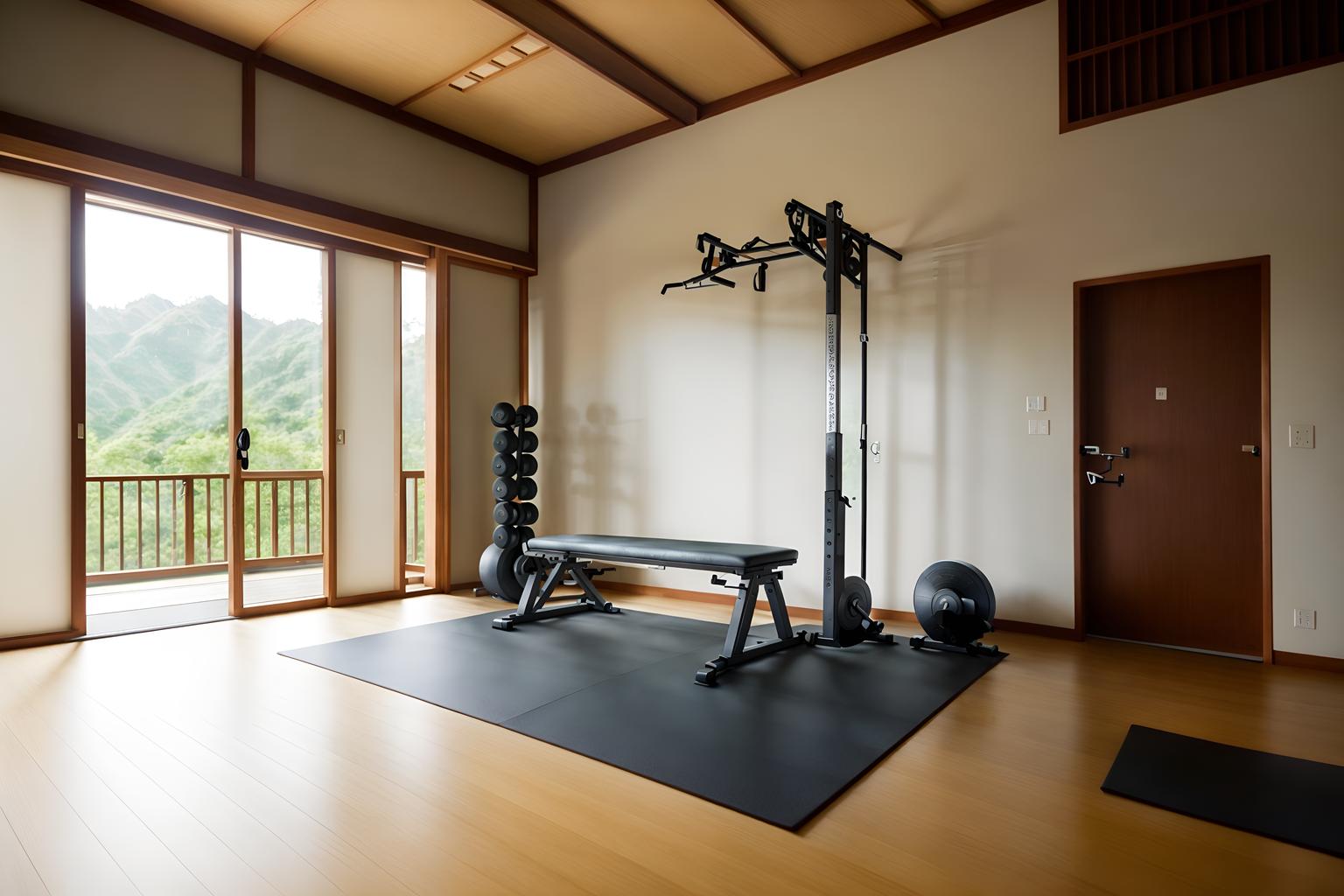 zen-style (fitness gym interior) with crosstrainer and bench press and dumbbell stand and exercise bicycle and squat rack and crosstrainer. . with serenity and harmony and calm and neutral colors and japanese interior and natural light and japanese minimalist interior and simple furniture and asian zen interior and asian interior. . cinematic photo, highly detailed, cinematic lighting, ultra-detailed, ultrarealistic, photorealism, 8k. zen interior design style. masterpiece, cinematic light, ultrarealistic+, photorealistic+, 8k, raw photo, realistic, sharp focus on eyes, (symmetrical eyes), (intact eyes), hyperrealistic, highest quality, best quality, , highly detailed, masterpiece, best quality, extremely detailed 8k wallpaper, masterpiece, best quality, ultra-detailed, best shadow, detailed background, detailed face, detailed eyes, high contrast, best illumination, detailed face, dulux, caustic, dynamic angle, detailed glow. dramatic lighting. highly detailed, insanely detailed hair, symmetrical, intricate details, professionally retouched, 8k high definition. strong bokeh. award winning photo.