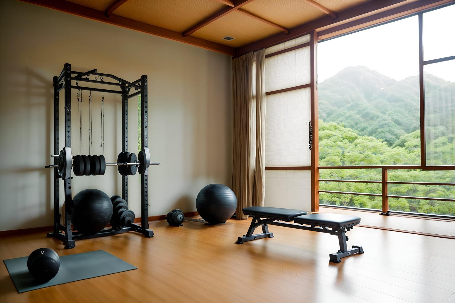 zen-style (fitness gym interior) with crosstrainer and bench press and dumbbell stand and exercise bicycle and squat rack and crosstrainer. . with serenity and harmony and calm and neutral colors and japanese interior and natural light and japanese minimalist interior and simple furniture and asian zen interior and asian interior. . cinematic photo, highly detailed, cinematic lighting, ultra-detailed, ultrarealistic, photorealism, 8k. zen interior design style. masterpiece, cinematic light, ultrarealistic+, photorealistic+, 8k, raw photo, realistic, sharp focus on eyes, (symmetrical eyes), (intact eyes), hyperrealistic, highest quality, best quality, , highly detailed, masterpiece, best quality, extremely detailed 8k wallpaper, masterpiece, best quality, ultra-detailed, best shadow, detailed background, detailed face, detailed eyes, high contrast, best illumination, detailed face, dulux, caustic, dynamic angle, detailed glow. dramatic lighting. highly detailed, insanely detailed hair, symmetrical, intricate details, professionally retouched, 8k high definition. strong bokeh. award winning photo.