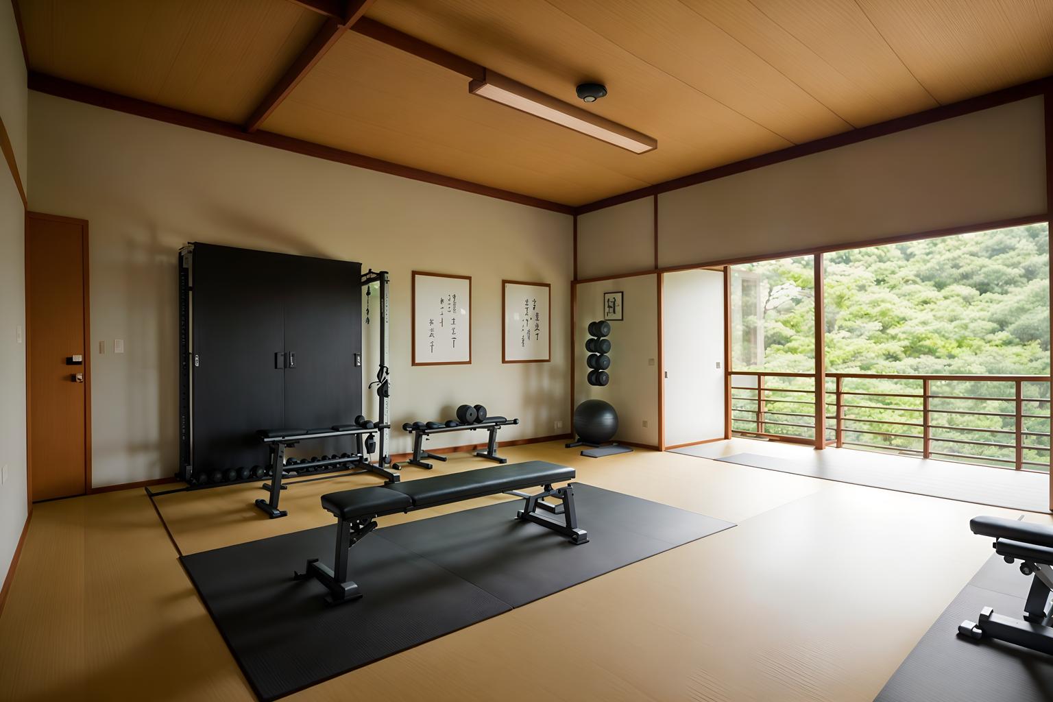 zen-style (fitness gym interior) with crosstrainer and bench press and dumbbell stand and exercise bicycle and squat rack and crosstrainer. . with serenity and harmony and calm and neutral colors and japanese interior and natural light and japanese minimalist interior and simple furniture and asian zen interior and asian interior. . cinematic photo, highly detailed, cinematic lighting, ultra-detailed, ultrarealistic, photorealism, 8k. zen interior design style. masterpiece, cinematic light, ultrarealistic+, photorealistic+, 8k, raw photo, realistic, sharp focus on eyes, (symmetrical eyes), (intact eyes), hyperrealistic, highest quality, best quality, , highly detailed, masterpiece, best quality, extremely detailed 8k wallpaper, masterpiece, best quality, ultra-detailed, best shadow, detailed background, detailed face, detailed eyes, high contrast, best illumination, detailed face, dulux, caustic, dynamic angle, detailed glow. dramatic lighting. highly detailed, insanely detailed hair, symmetrical, intricate details, professionally retouched, 8k high definition. strong bokeh. award winning photo.