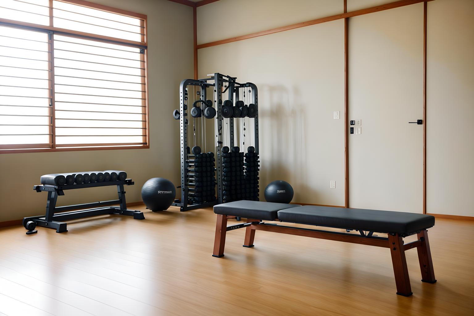 zen-style (fitness gym interior) with crosstrainer and bench press and dumbbell stand and exercise bicycle and squat rack and crosstrainer. . with serenity and harmony and calm and neutral colors and japanese interior and natural light and japanese minimalist interior and simple furniture and asian zen interior and asian interior. . cinematic photo, highly detailed, cinematic lighting, ultra-detailed, ultrarealistic, photorealism, 8k. zen interior design style. masterpiece, cinematic light, ultrarealistic+, photorealistic+, 8k, raw photo, realistic, sharp focus on eyes, (symmetrical eyes), (intact eyes), hyperrealistic, highest quality, best quality, , highly detailed, masterpiece, best quality, extremely detailed 8k wallpaper, masterpiece, best quality, ultra-detailed, best shadow, detailed background, detailed face, detailed eyes, high contrast, best illumination, detailed face, dulux, caustic, dynamic angle, detailed glow. dramatic lighting. highly detailed, insanely detailed hair, symmetrical, intricate details, professionally retouched, 8k high definition. strong bokeh. award winning photo.