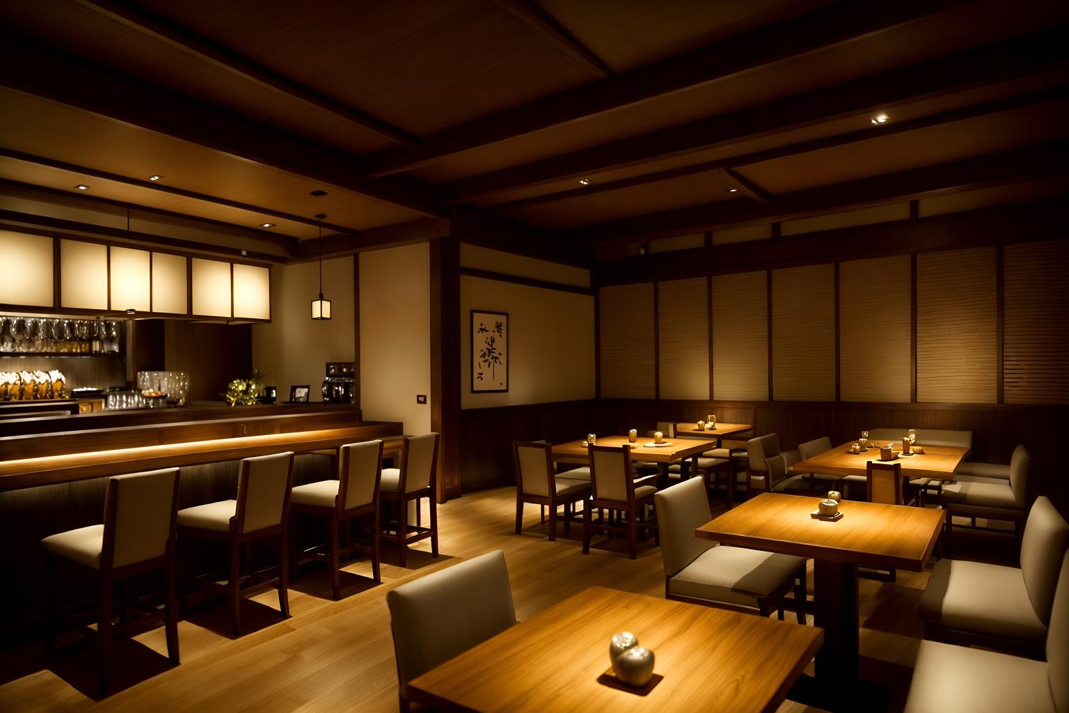 zen-style (restaurant interior) with restaurant decor and restaurant bar and restaurant chairs and restaurant dining tables and restaurant decor. . with japanese interior and asian zen interior and clean lines and calm and neutral colors and simplicity and serenity and harmony and mimimalist and clutter free. . cinematic photo, highly detailed, cinematic lighting, ultra-detailed, ultrarealistic, photorealism, 8k. zen interior design style. masterpiece, cinematic light, ultrarealistic+, photorealistic+, 8k, raw photo, realistic, sharp focus on eyes, (symmetrical eyes), (intact eyes), hyperrealistic, highest quality, best quality, , highly detailed, masterpiece, best quality, extremely detailed 8k wallpaper, masterpiece, best quality, ultra-detailed, best shadow, detailed background, detailed face, detailed eyes, high contrast, best illumination, detailed face, dulux, caustic, dynamic angle, detailed glow. dramatic lighting. highly detailed, insanely detailed hair, symmetrical, intricate details, professionally retouched, 8k high definition. strong bokeh. award winning photo.