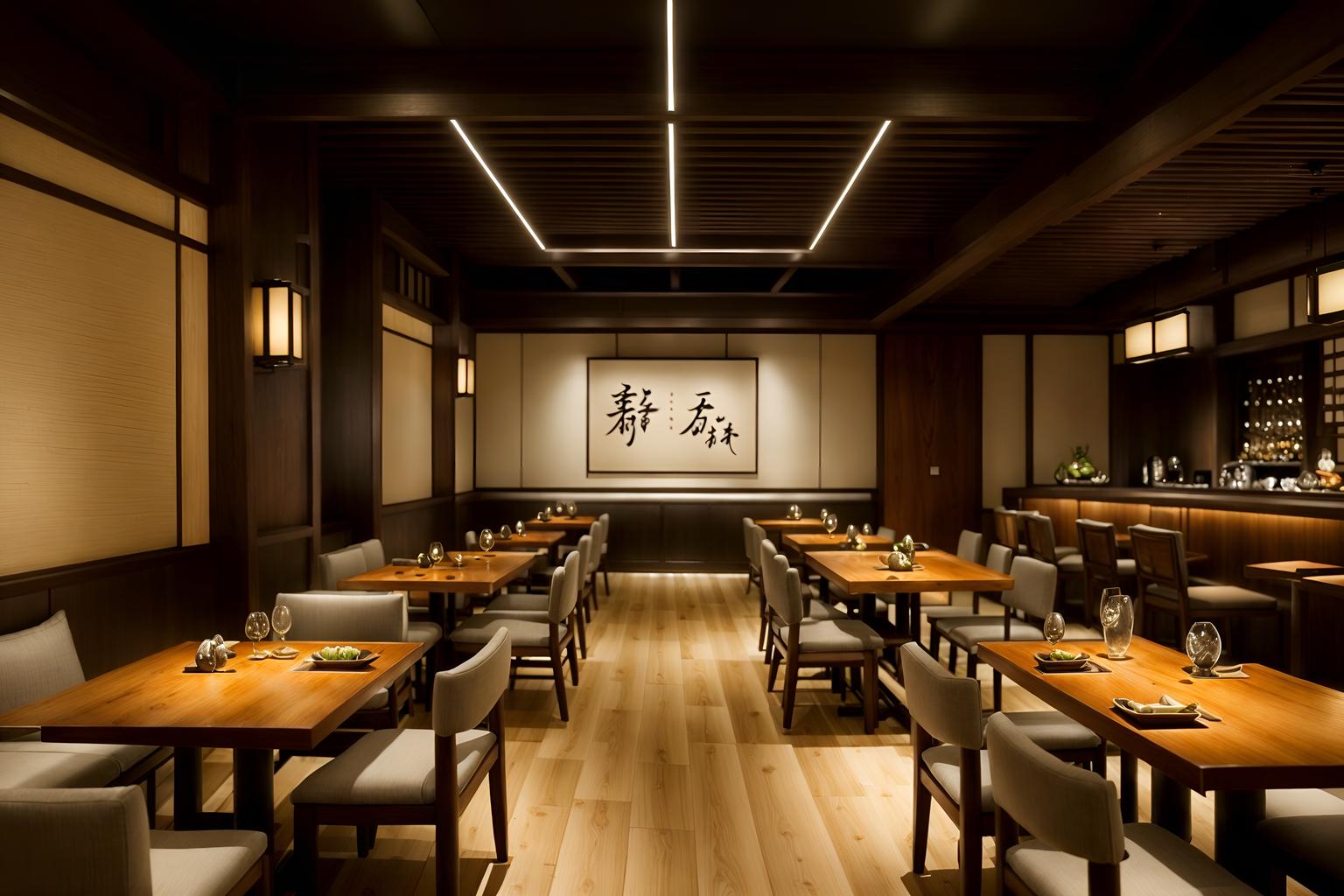 zen-style (restaurant interior) with restaurant decor and restaurant bar and restaurant chairs and restaurant dining tables and restaurant decor. . with japanese interior and asian zen interior and clean lines and calm and neutral colors and simplicity and serenity and harmony and mimimalist and clutter free. . cinematic photo, highly detailed, cinematic lighting, ultra-detailed, ultrarealistic, photorealism, 8k. zen interior design style. masterpiece, cinematic light, ultrarealistic+, photorealistic+, 8k, raw photo, realistic, sharp focus on eyes, (symmetrical eyes), (intact eyes), hyperrealistic, highest quality, best quality, , highly detailed, masterpiece, best quality, extremely detailed 8k wallpaper, masterpiece, best quality, ultra-detailed, best shadow, detailed background, detailed face, detailed eyes, high contrast, best illumination, detailed face, dulux, caustic, dynamic angle, detailed glow. dramatic lighting. highly detailed, insanely detailed hair, symmetrical, intricate details, professionally retouched, 8k high definition. strong bokeh. award winning photo.