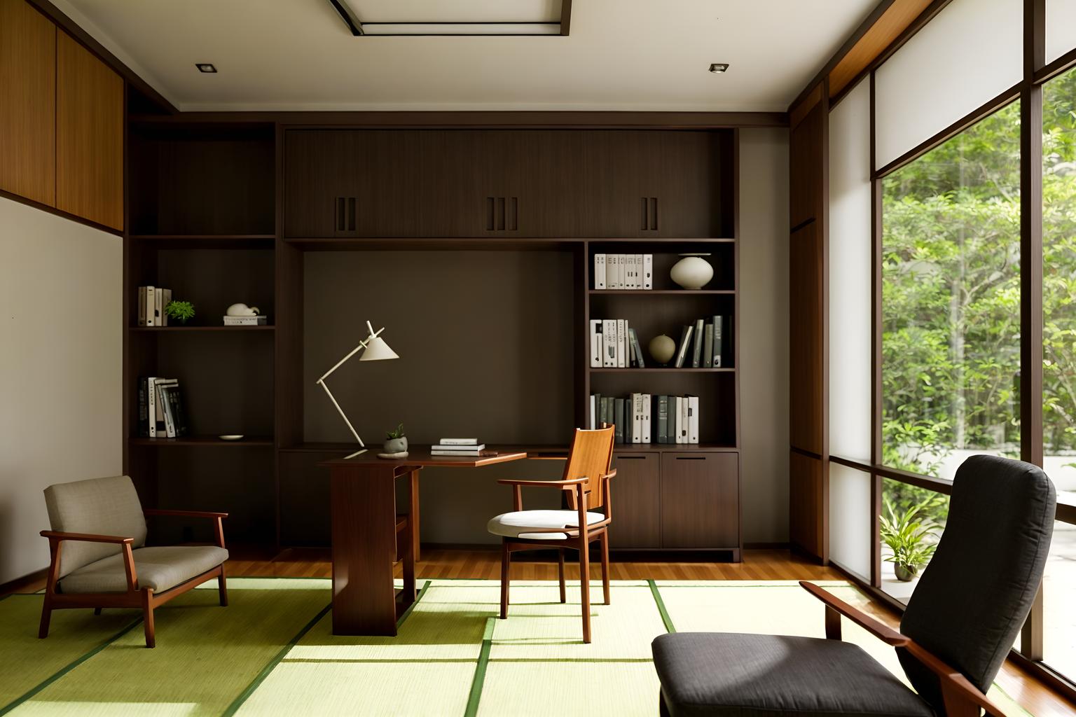 zen-style (study room interior) with lounge chair and bookshelves and plant and writing desk and desk lamp and cabinets and office chair and lounge chair. . with asian zen interior and japanese minimalist interior and asian zen interior and clean lines and simple furniture and serenity and harmony and asian interior and japanese minimalist interior. . cinematic photo, highly detailed, cinematic lighting, ultra-detailed, ultrarealistic, photorealism, 8k. zen interior design style. masterpiece, cinematic light, ultrarealistic+, photorealistic+, 8k, raw photo, realistic, sharp focus on eyes, (symmetrical eyes), (intact eyes), hyperrealistic, highest quality, best quality, , highly detailed, masterpiece, best quality, extremely detailed 8k wallpaper, masterpiece, best quality, ultra-detailed, best shadow, detailed background, detailed face, detailed eyes, high contrast, best illumination, detailed face, dulux, caustic, dynamic angle, detailed glow. dramatic lighting. highly detailed, insanely detailed hair, symmetrical, intricate details, professionally retouched, 8k high definition. strong bokeh. award winning photo.