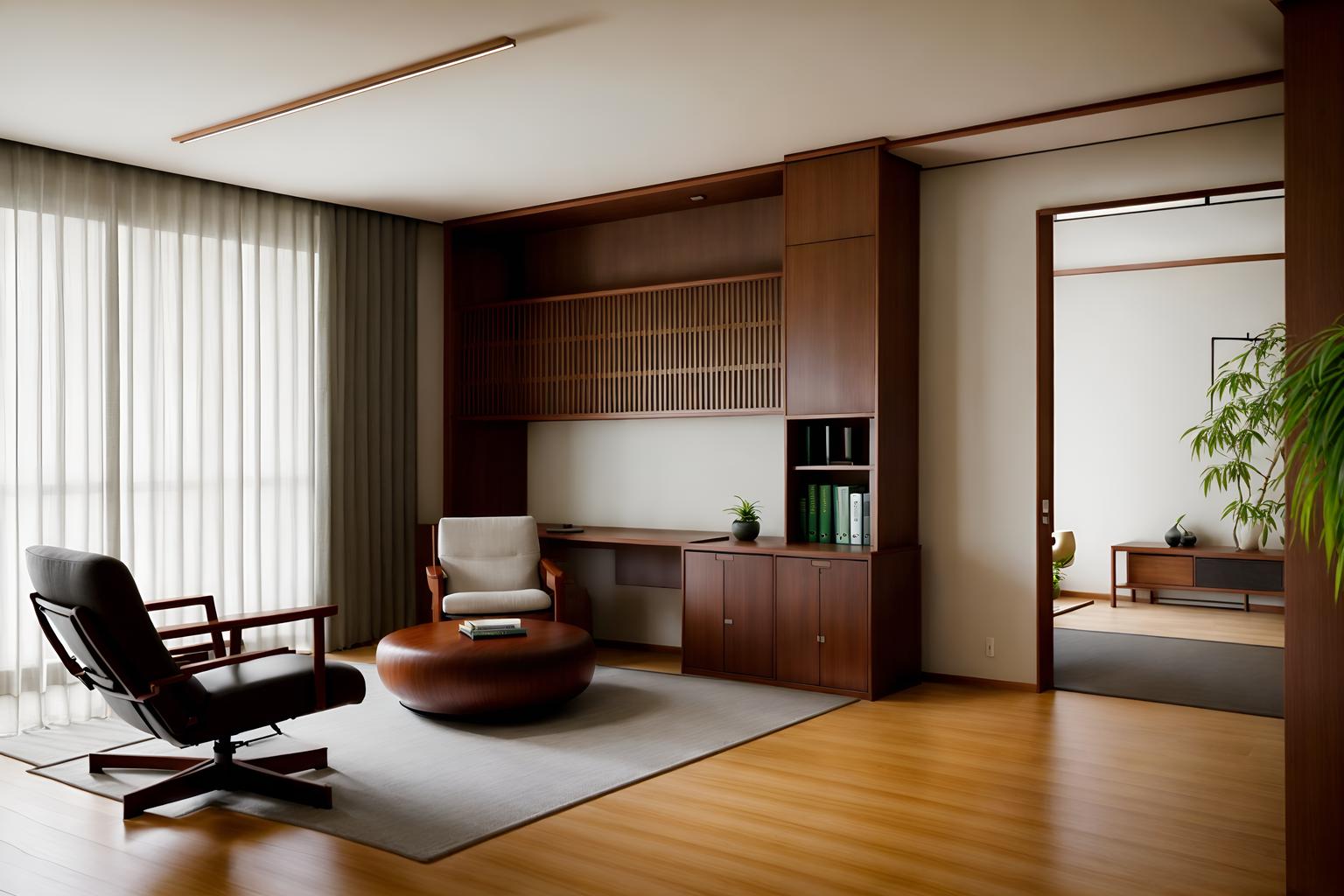 zen-style (study room interior) with lounge chair and bookshelves and plant and writing desk and desk lamp and cabinets and office chair and lounge chair. . with asian zen interior and japanese minimalist interior and asian zen interior and clean lines and simple furniture and serenity and harmony and asian interior and japanese minimalist interior. . cinematic photo, highly detailed, cinematic lighting, ultra-detailed, ultrarealistic, photorealism, 8k. zen interior design style. masterpiece, cinematic light, ultrarealistic+, photorealistic+, 8k, raw photo, realistic, sharp focus on eyes, (symmetrical eyes), (intact eyes), hyperrealistic, highest quality, best quality, , highly detailed, masterpiece, best quality, extremely detailed 8k wallpaper, masterpiece, best quality, ultra-detailed, best shadow, detailed background, detailed face, detailed eyes, high contrast, best illumination, detailed face, dulux, caustic, dynamic angle, detailed glow. dramatic lighting. highly detailed, insanely detailed hair, symmetrical, intricate details, professionally retouched, 8k high definition. strong bokeh. award winning photo.