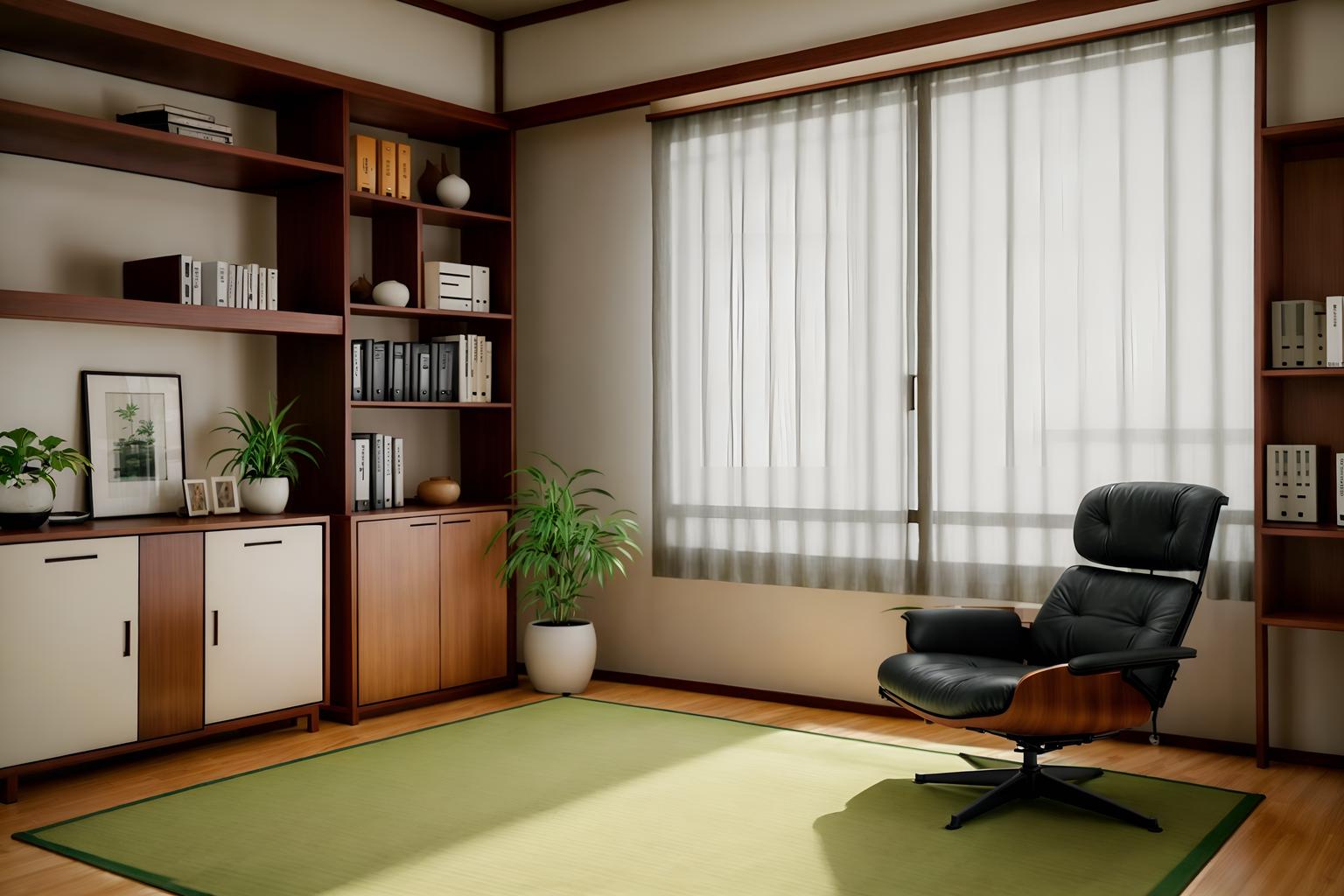 zen-style (study room interior) with lounge chair and bookshelves and plant and writing desk and desk lamp and cabinets and office chair and lounge chair. . with asian zen interior and japanese minimalist interior and asian zen interior and clean lines and simple furniture and serenity and harmony and asian interior and japanese minimalist interior. . cinematic photo, highly detailed, cinematic lighting, ultra-detailed, ultrarealistic, photorealism, 8k. zen interior design style. masterpiece, cinematic light, ultrarealistic+, photorealistic+, 8k, raw photo, realistic, sharp focus on eyes, (symmetrical eyes), (intact eyes), hyperrealistic, highest quality, best quality, , highly detailed, masterpiece, best quality, extremely detailed 8k wallpaper, masterpiece, best quality, ultra-detailed, best shadow, detailed background, detailed face, detailed eyes, high contrast, best illumination, detailed face, dulux, caustic, dynamic angle, detailed glow. dramatic lighting. highly detailed, insanely detailed hair, symmetrical, intricate details, professionally retouched, 8k high definition. strong bokeh. award winning photo.