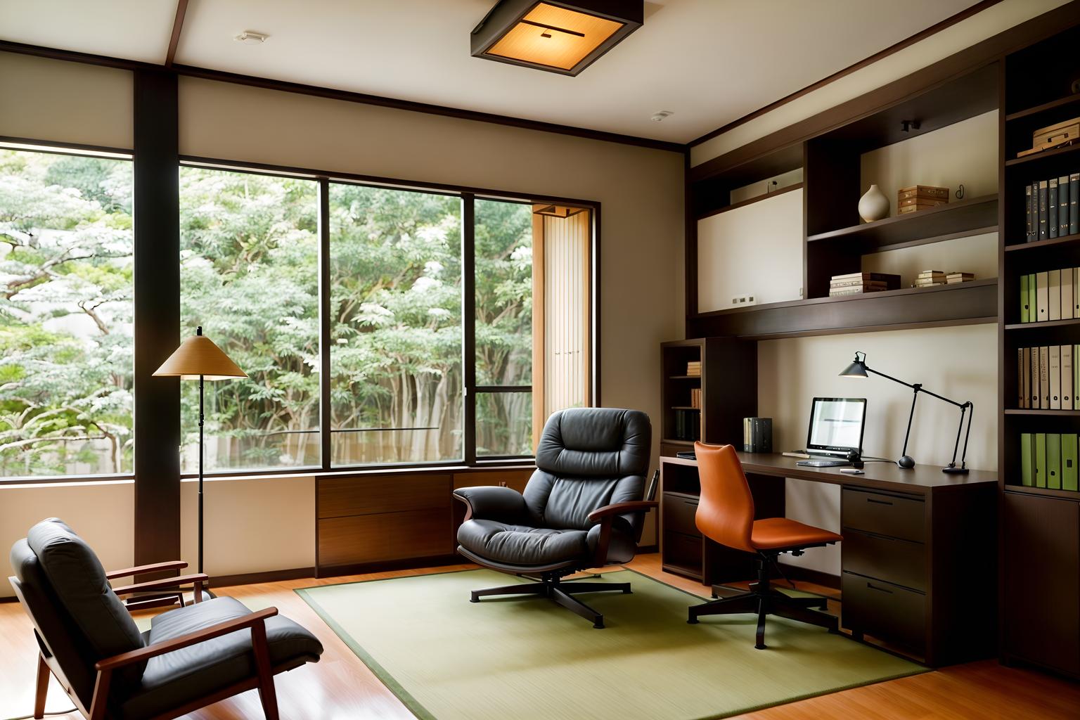 zen-style (study room interior) with lounge chair and bookshelves and plant and writing desk and desk lamp and cabinets and office chair and lounge chair. . with asian zen interior and japanese minimalist interior and asian zen interior and clean lines and simple furniture and serenity and harmony and asian interior and japanese minimalist interior. . cinematic photo, highly detailed, cinematic lighting, ultra-detailed, ultrarealistic, photorealism, 8k. zen interior design style. masterpiece, cinematic light, ultrarealistic+, photorealistic+, 8k, raw photo, realistic, sharp focus on eyes, (symmetrical eyes), (intact eyes), hyperrealistic, highest quality, best quality, , highly detailed, masterpiece, best quality, extremely detailed 8k wallpaper, masterpiece, best quality, ultra-detailed, best shadow, detailed background, detailed face, detailed eyes, high contrast, best illumination, detailed face, dulux, caustic, dynamic angle, detailed glow. dramatic lighting. highly detailed, insanely detailed hair, symmetrical, intricate details, professionally retouched, 8k high definition. strong bokeh. award winning photo.