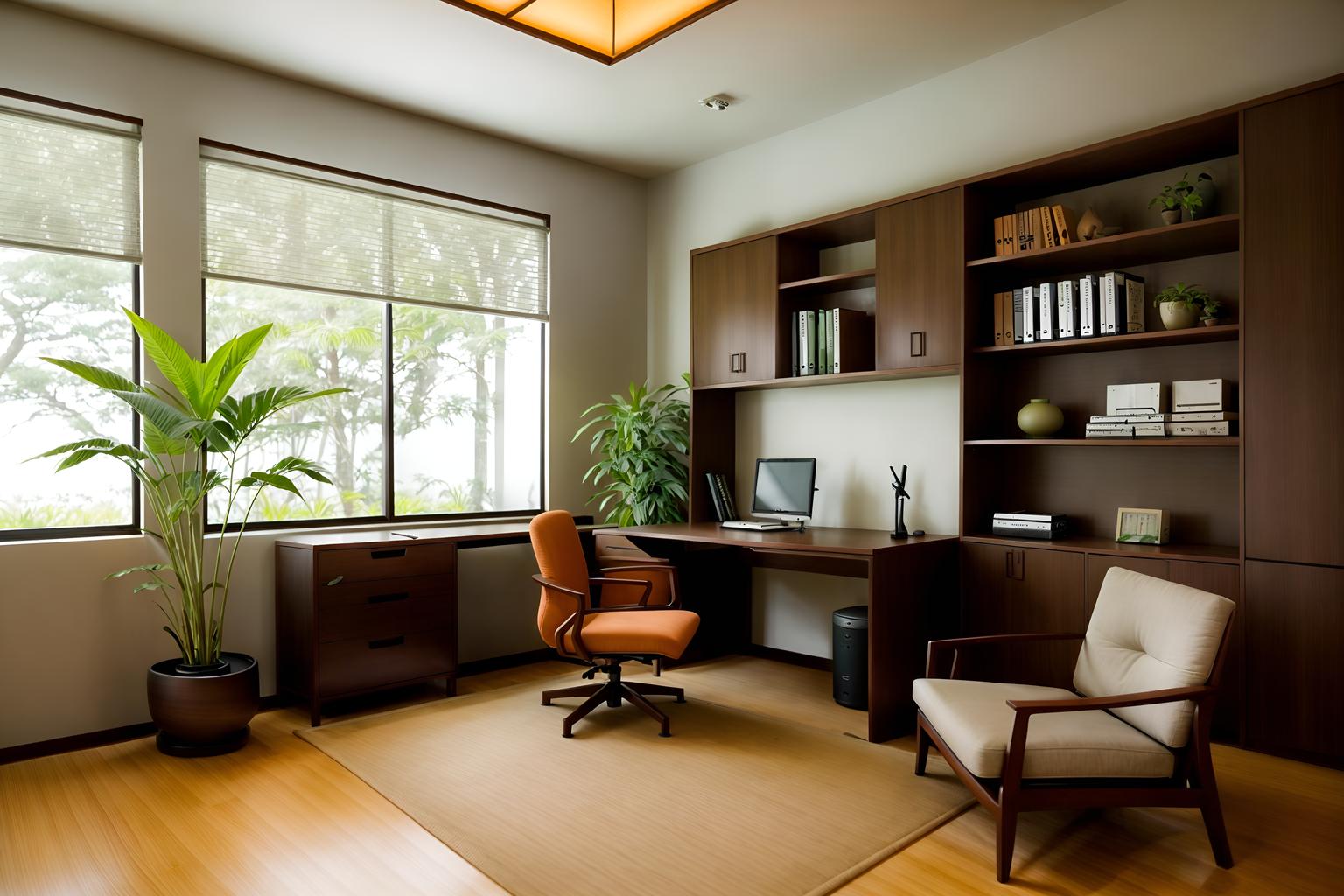 zen-style (study room interior) with lounge chair and bookshelves and plant and writing desk and desk lamp and cabinets and office chair and lounge chair. . with asian zen interior and japanese minimalist interior and asian zen interior and clean lines and simple furniture and serenity and harmony and asian interior and japanese minimalist interior. . cinematic photo, highly detailed, cinematic lighting, ultra-detailed, ultrarealistic, photorealism, 8k. zen interior design style. masterpiece, cinematic light, ultrarealistic+, photorealistic+, 8k, raw photo, realistic, sharp focus on eyes, (symmetrical eyes), (intact eyes), hyperrealistic, highest quality, best quality, , highly detailed, masterpiece, best quality, extremely detailed 8k wallpaper, masterpiece, best quality, ultra-detailed, best shadow, detailed background, detailed face, detailed eyes, high contrast, best illumination, detailed face, dulux, caustic, dynamic angle, detailed glow. dramatic lighting. highly detailed, insanely detailed hair, symmetrical, intricate details, professionally retouched, 8k high definition. strong bokeh. award winning photo.