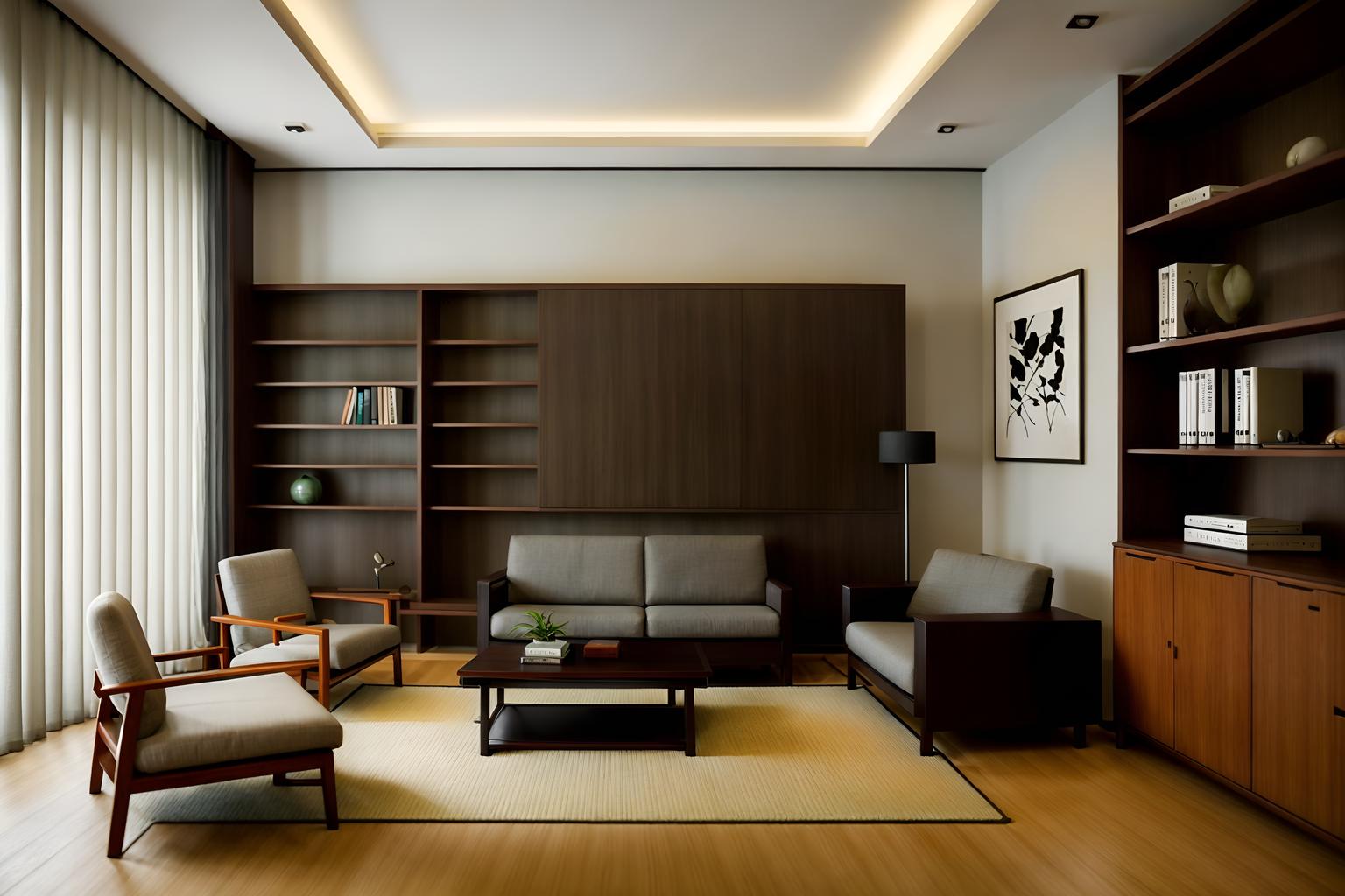 zen-style (study room interior) with lounge chair and bookshelves and plant and writing desk and desk lamp and cabinets and office chair and lounge chair. . with asian zen interior and japanese minimalist interior and asian zen interior and clean lines and simple furniture and serenity and harmony and asian interior and japanese minimalist interior. . cinematic photo, highly detailed, cinematic lighting, ultra-detailed, ultrarealistic, photorealism, 8k. zen interior design style. masterpiece, cinematic light, ultrarealistic+, photorealistic+, 8k, raw photo, realistic, sharp focus on eyes, (symmetrical eyes), (intact eyes), hyperrealistic, highest quality, best quality, , highly detailed, masterpiece, best quality, extremely detailed 8k wallpaper, masterpiece, best quality, ultra-detailed, best shadow, detailed background, detailed face, detailed eyes, high contrast, best illumination, detailed face, dulux, caustic, dynamic angle, detailed glow. dramatic lighting. highly detailed, insanely detailed hair, symmetrical, intricate details, professionally retouched, 8k high definition. strong bokeh. award winning photo.