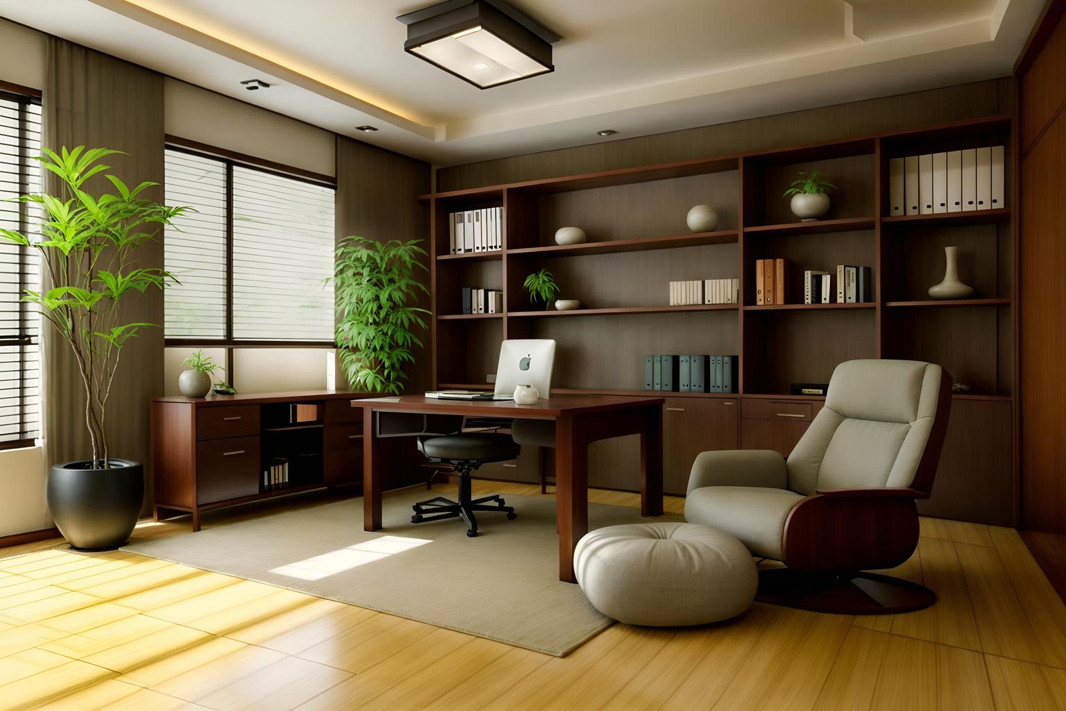 zen-style (study room interior) with lounge chair and bookshelves and plant and writing desk and desk lamp and cabinets and office chair and lounge chair. . with asian zen interior and japanese minimalist interior and asian zen interior and clean lines and simple furniture and serenity and harmony and asian interior and japanese minimalist interior. . cinematic photo, highly detailed, cinematic lighting, ultra-detailed, ultrarealistic, photorealism, 8k. zen interior design style. masterpiece, cinematic light, ultrarealistic+, photorealistic+, 8k, raw photo, realistic, sharp focus on eyes, (symmetrical eyes), (intact eyes), hyperrealistic, highest quality, best quality, , highly detailed, masterpiece, best quality, extremely detailed 8k wallpaper, masterpiece, best quality, ultra-detailed, best shadow, detailed background, detailed face, detailed eyes, high contrast, best illumination, detailed face, dulux, caustic, dynamic angle, detailed glow. dramatic lighting. highly detailed, insanely detailed hair, symmetrical, intricate details, professionally retouched, 8k high definition. strong bokeh. award winning photo.