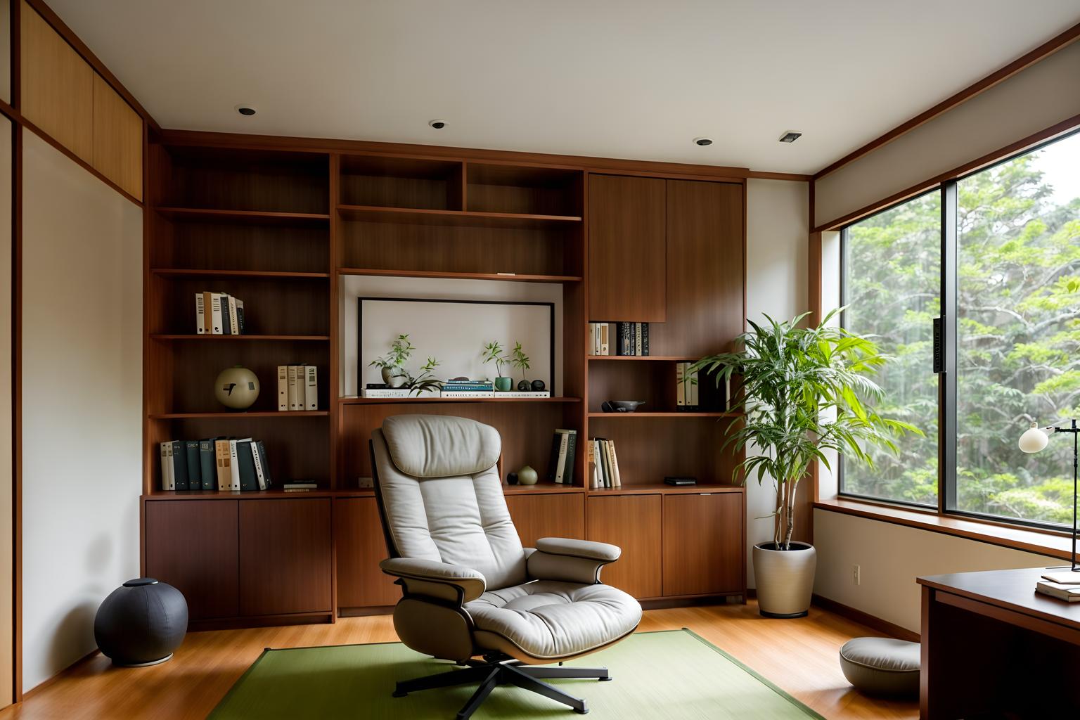 zen-style (study room interior) with lounge chair and bookshelves and plant and writing desk and desk lamp and cabinets and office chair and lounge chair. . with asian zen interior and japanese minimalist interior and asian zen interior and clean lines and simple furniture and serenity and harmony and asian interior and japanese minimalist interior. . cinematic photo, highly detailed, cinematic lighting, ultra-detailed, ultrarealistic, photorealism, 8k. zen interior design style. masterpiece, cinematic light, ultrarealistic+, photorealistic+, 8k, raw photo, realistic, sharp focus on eyes, (symmetrical eyes), (intact eyes), hyperrealistic, highest quality, best quality, , highly detailed, masterpiece, best quality, extremely detailed 8k wallpaper, masterpiece, best quality, ultra-detailed, best shadow, detailed background, detailed face, detailed eyes, high contrast, best illumination, detailed face, dulux, caustic, dynamic angle, detailed glow. dramatic lighting. highly detailed, insanely detailed hair, symmetrical, intricate details, professionally retouched, 8k high definition. strong bokeh. award winning photo.