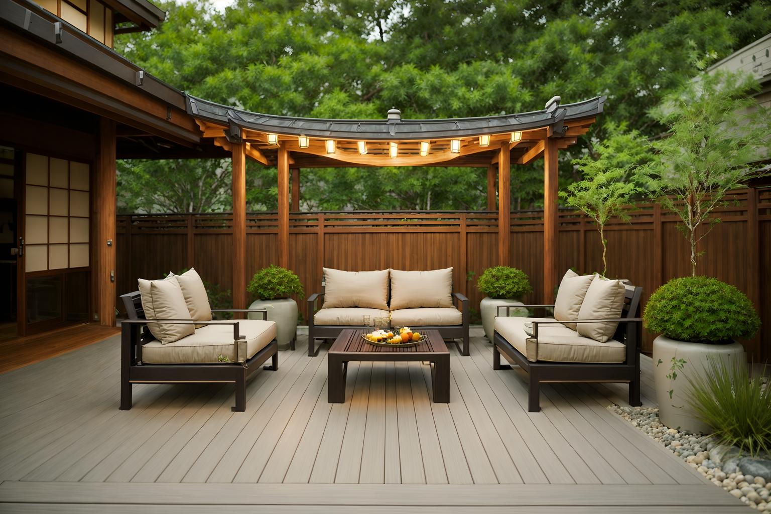 zen-style designed (outdoor patio ) with barbeque or grill and patio couch with pillows and deck with deck chairs and grass and plant and barbeque or grill. . with natural textures and simplicity and japanese and asian and asian zen and japanese minimalist and serenity and harmony and calm and neutral colors. . cinematic photo, highly detailed, cinematic lighting, ultra-detailed, ultrarealistic, photorealism, 8k. zen design style. masterpiece, cinematic light, ultrarealistic+, photorealistic+, 8k, raw photo, realistic, sharp focus on eyes, (symmetrical eyes), (intact eyes), hyperrealistic, highest quality, best quality, , highly detailed, masterpiece, best quality, extremely detailed 8k wallpaper, masterpiece, best quality, ultra-detailed, best shadow, detailed background, detailed face, detailed eyes, high contrast, best illumination, detailed face, dulux, caustic, dynamic angle, detailed glow. dramatic lighting. highly detailed, insanely detailed hair, symmetrical, intricate details, professionally retouched, 8k high definition. strong bokeh. award winning photo.