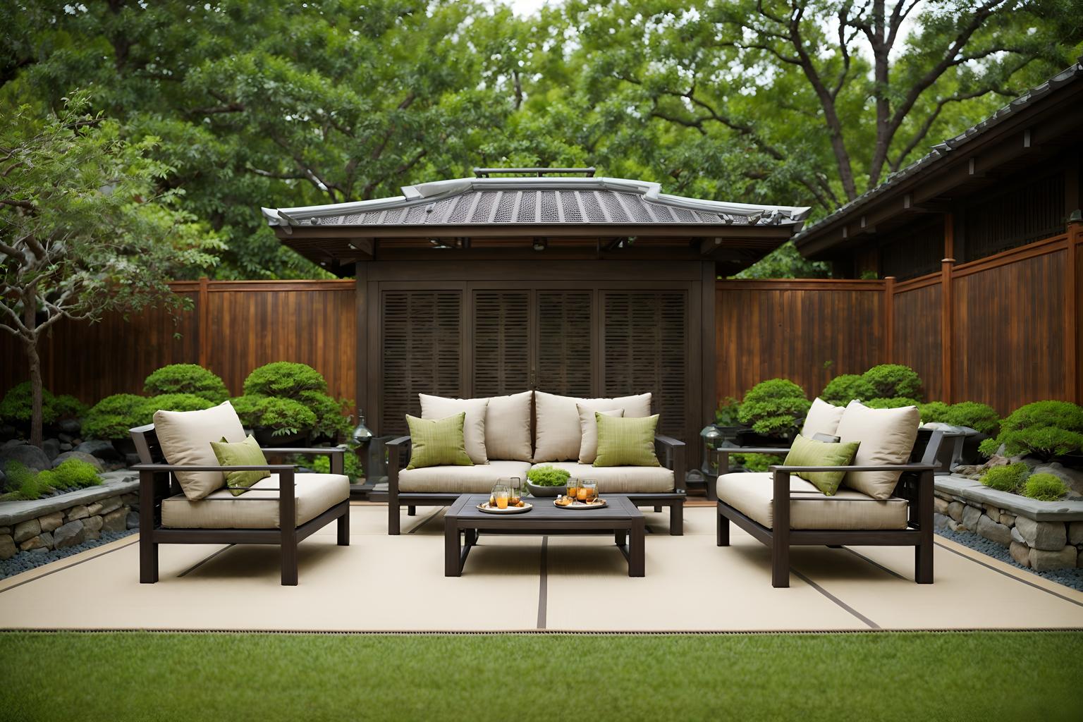 zen-style designed (outdoor patio ) with barbeque or grill and patio couch with pillows and deck with deck chairs and grass and plant and barbeque or grill. . with natural textures and simplicity and japanese and asian and asian zen and japanese minimalist and serenity and harmony and calm and neutral colors. . cinematic photo, highly detailed, cinematic lighting, ultra-detailed, ultrarealistic, photorealism, 8k. zen design style. masterpiece, cinematic light, ultrarealistic+, photorealistic+, 8k, raw photo, realistic, sharp focus on eyes, (symmetrical eyes), (intact eyes), hyperrealistic, highest quality, best quality, , highly detailed, masterpiece, best quality, extremely detailed 8k wallpaper, masterpiece, best quality, ultra-detailed, best shadow, detailed background, detailed face, detailed eyes, high contrast, best illumination, detailed face, dulux, caustic, dynamic angle, detailed glow. dramatic lighting. highly detailed, insanely detailed hair, symmetrical, intricate details, professionally retouched, 8k high definition. strong bokeh. award winning photo.