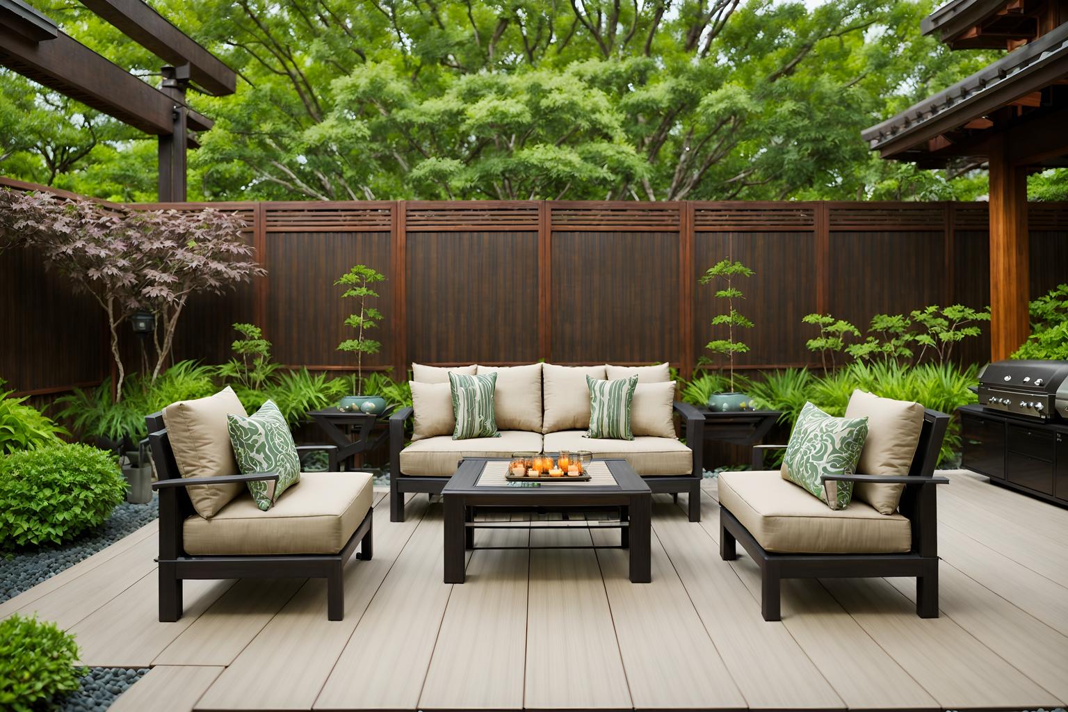 zen-style designed (outdoor patio ) with barbeque or grill and patio couch with pillows and deck with deck chairs and grass and plant and barbeque or grill. . with natural textures and simplicity and japanese and asian and asian zen and japanese minimalist and serenity and harmony and calm and neutral colors. . cinematic photo, highly detailed, cinematic lighting, ultra-detailed, ultrarealistic, photorealism, 8k. zen design style. masterpiece, cinematic light, ultrarealistic+, photorealistic+, 8k, raw photo, realistic, sharp focus on eyes, (symmetrical eyes), (intact eyes), hyperrealistic, highest quality, best quality, , highly detailed, masterpiece, best quality, extremely detailed 8k wallpaper, masterpiece, best quality, ultra-detailed, best shadow, detailed background, detailed face, detailed eyes, high contrast, best illumination, detailed face, dulux, caustic, dynamic angle, detailed glow. dramatic lighting. highly detailed, insanely detailed hair, symmetrical, intricate details, professionally retouched, 8k high definition. strong bokeh. award winning photo.