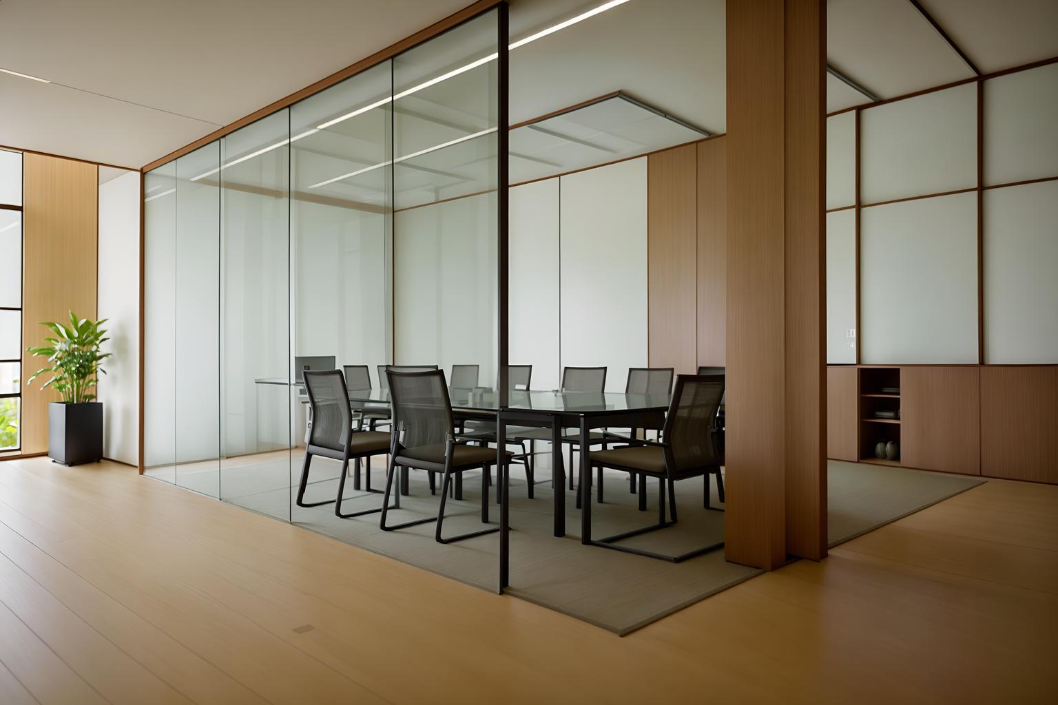 zen-style (meeting room interior) with plant and glass walls and cabinets and painting or photo on wall and vase and boardroom table and glass doors and office chairs. . with japanese minimalist interior and japanese minimalist interior and clutter free and japanese interior and calm and neutral colors and natural textures and japanese minimalist interior and serenity and harmony. . cinematic photo, highly detailed, cinematic lighting, ultra-detailed, ultrarealistic, photorealism, 8k. zen interior design style. masterpiece, cinematic light, ultrarealistic+, photorealistic+, 8k, raw photo, realistic, sharp focus on eyes, (symmetrical eyes), (intact eyes), hyperrealistic, highest quality, best quality, , highly detailed, masterpiece, best quality, extremely detailed 8k wallpaper, masterpiece, best quality, ultra-detailed, best shadow, detailed background, detailed face, detailed eyes, high contrast, best illumination, detailed face, dulux, caustic, dynamic angle, detailed glow. dramatic lighting. highly detailed, insanely detailed hair, symmetrical, intricate details, professionally retouched, 8k high definition. strong bokeh. award winning photo.