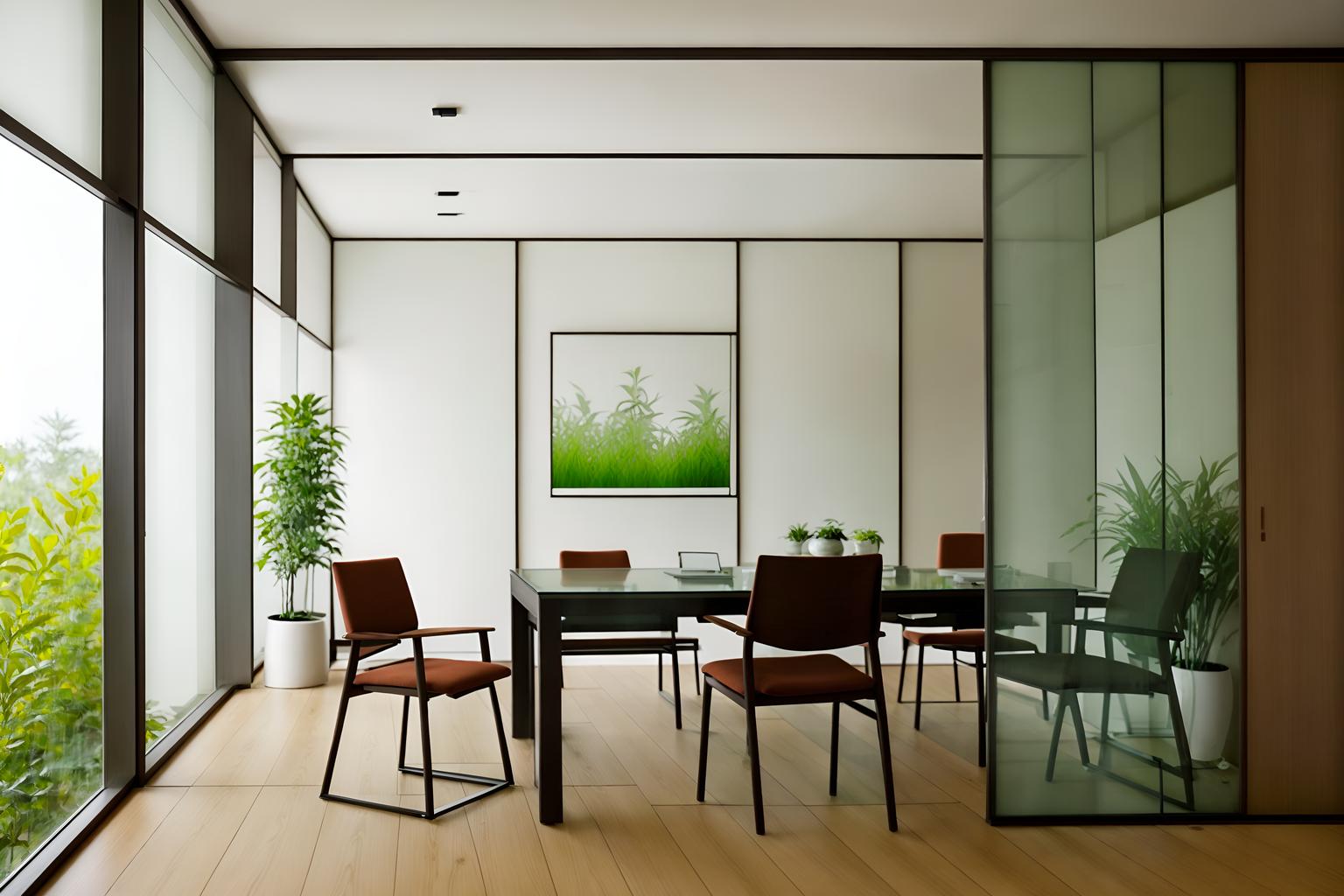 zen-style (meeting room interior) with plant and glass walls and cabinets and painting or photo on wall and vase and boardroom table and glass doors and office chairs. . with japanese minimalist interior and japanese minimalist interior and clutter free and japanese interior and calm and neutral colors and natural textures and japanese minimalist interior and serenity and harmony. . cinematic photo, highly detailed, cinematic lighting, ultra-detailed, ultrarealistic, photorealism, 8k. zen interior design style. masterpiece, cinematic light, ultrarealistic+, photorealistic+, 8k, raw photo, realistic, sharp focus on eyes, (symmetrical eyes), (intact eyes), hyperrealistic, highest quality, best quality, , highly detailed, masterpiece, best quality, extremely detailed 8k wallpaper, masterpiece, best quality, ultra-detailed, best shadow, detailed background, detailed face, detailed eyes, high contrast, best illumination, detailed face, dulux, caustic, dynamic angle, detailed glow. dramatic lighting. highly detailed, insanely detailed hair, symmetrical, intricate details, professionally retouched, 8k high definition. strong bokeh. award winning photo.