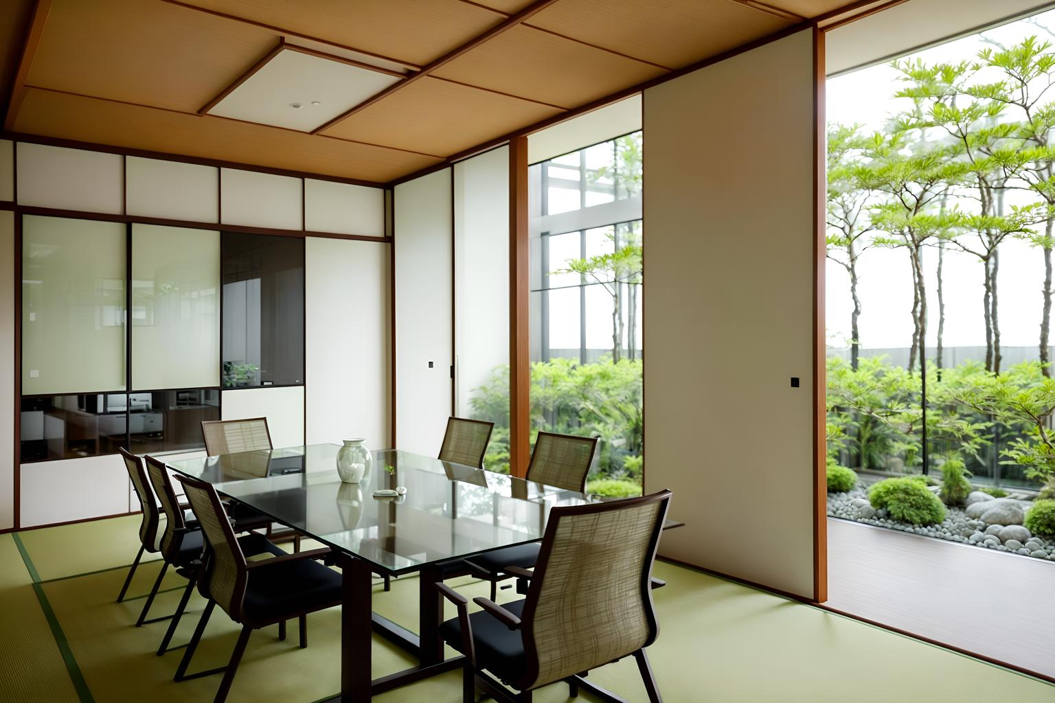 zen-style (meeting room interior) with plant and glass walls and cabinets and painting or photo on wall and vase and boardroom table and glass doors and office chairs. . with japanese minimalist interior and japanese minimalist interior and clutter free and japanese interior and calm and neutral colors and natural textures and japanese minimalist interior and serenity and harmony. . cinematic photo, highly detailed, cinematic lighting, ultra-detailed, ultrarealistic, photorealism, 8k. zen interior design style. masterpiece, cinematic light, ultrarealistic+, photorealistic+, 8k, raw photo, realistic, sharp focus on eyes, (symmetrical eyes), (intact eyes), hyperrealistic, highest quality, best quality, , highly detailed, masterpiece, best quality, extremely detailed 8k wallpaper, masterpiece, best quality, ultra-detailed, best shadow, detailed background, detailed face, detailed eyes, high contrast, best illumination, detailed face, dulux, caustic, dynamic angle, detailed glow. dramatic lighting. highly detailed, insanely detailed hair, symmetrical, intricate details, professionally retouched, 8k high definition. strong bokeh. award winning photo.